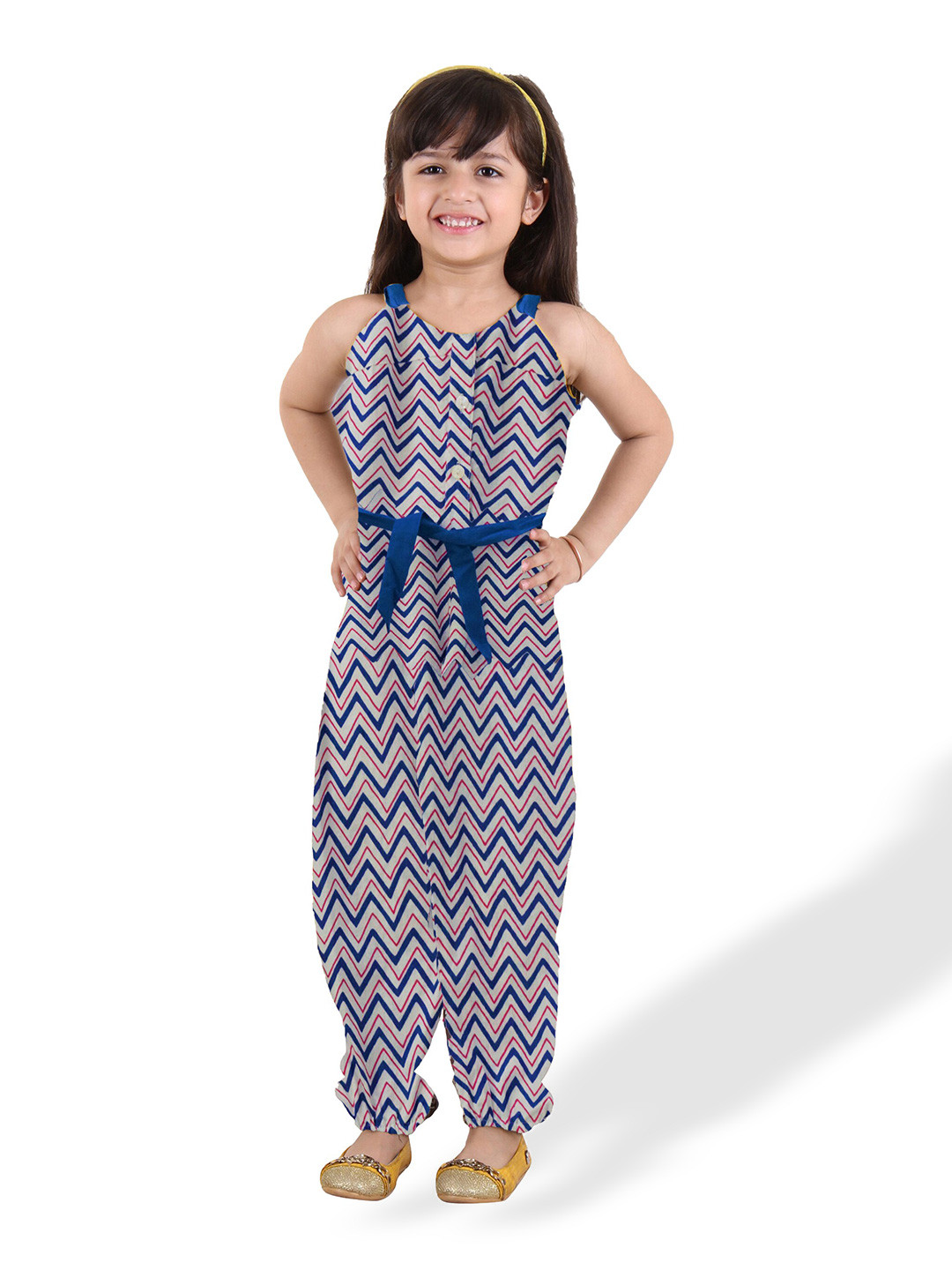

Kids On Board Girls Blue & White Printed Basic Jumpsuit with Ruffles