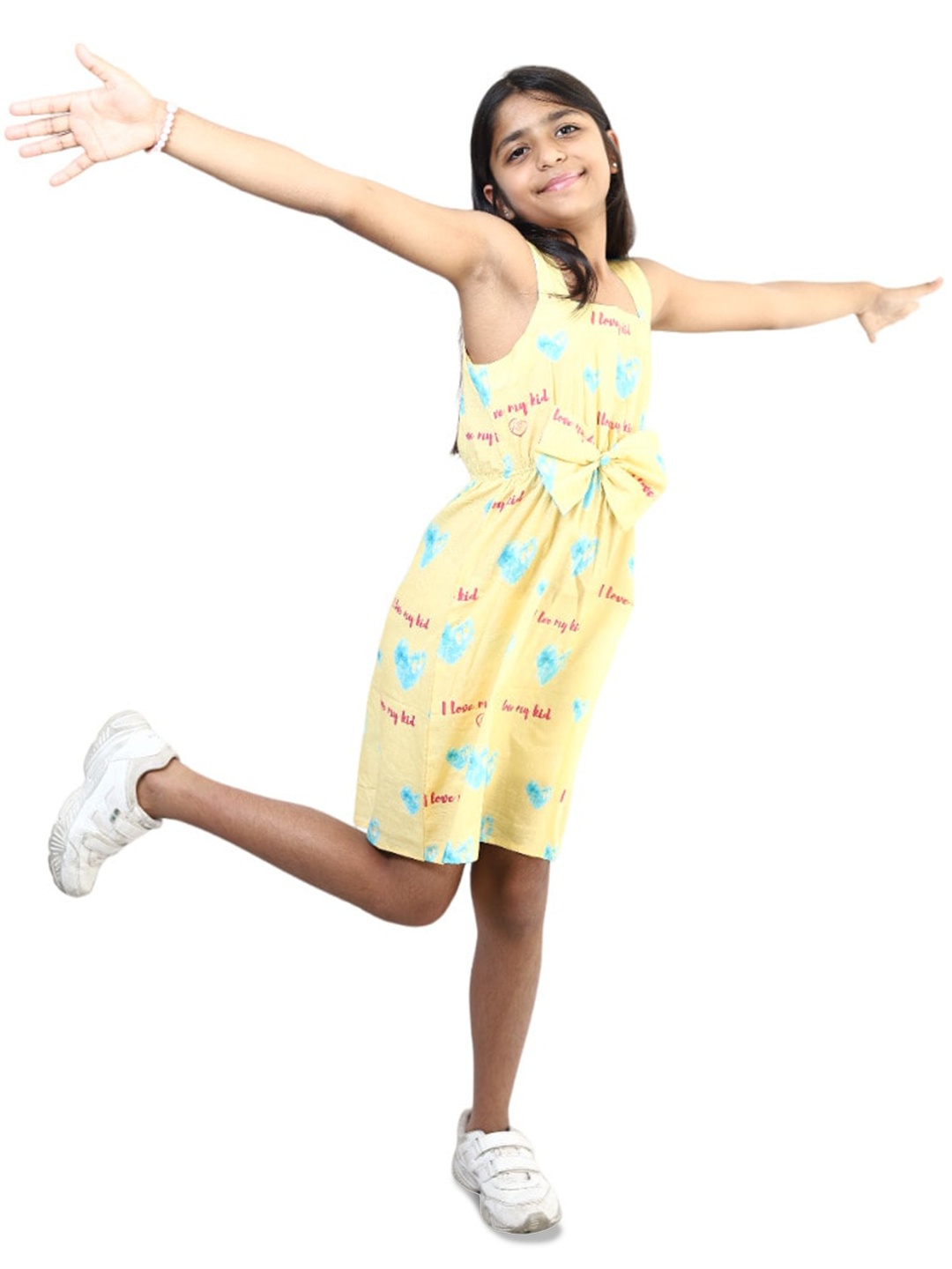 

Little Musketeer Girls Typography Printed Shoulder Straps Cotton A-Line Dress, Yellow