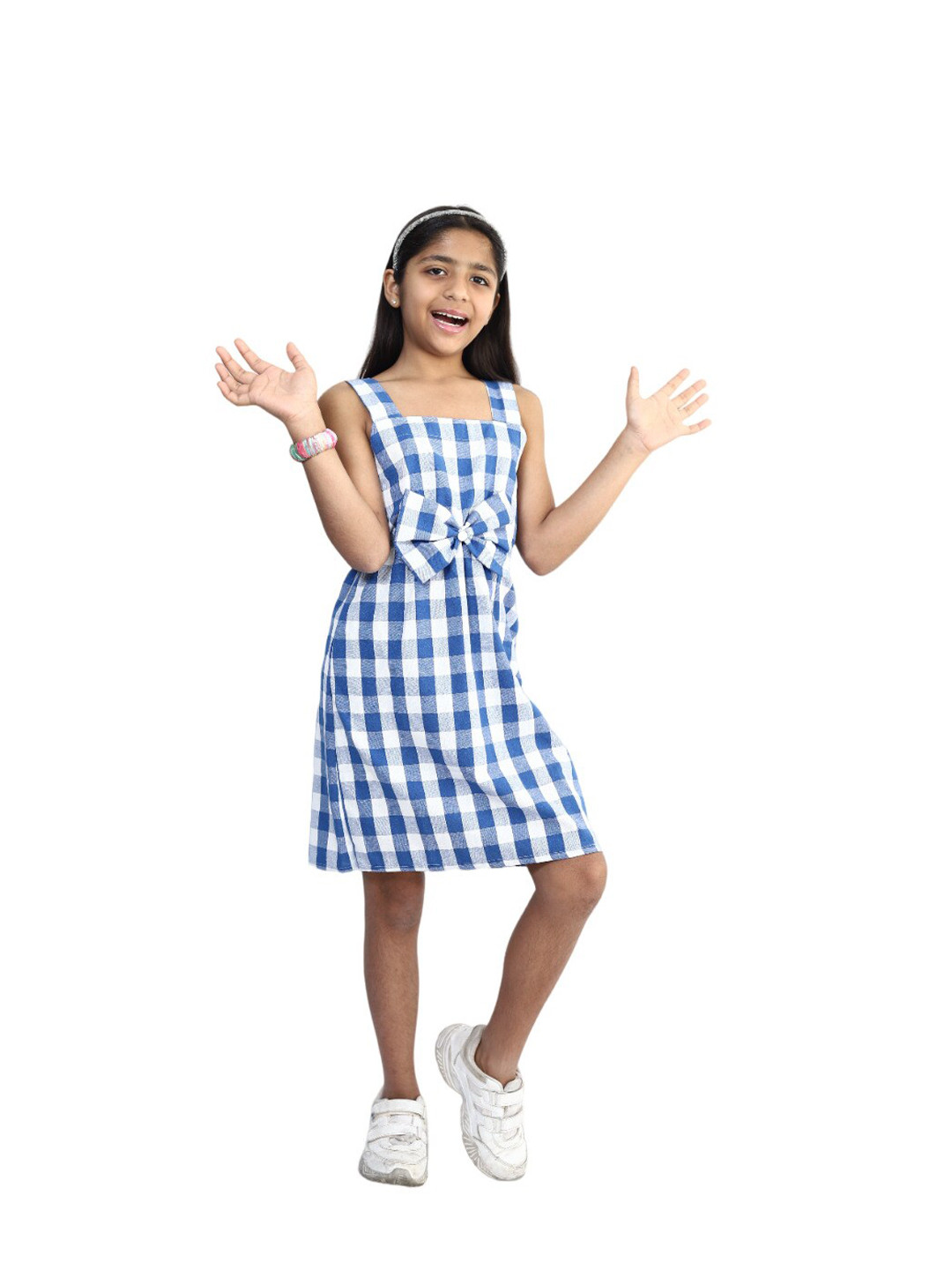 

Little Musketeer Girls Checked Shoulder Straps Cotton A-Line Dress, Blue