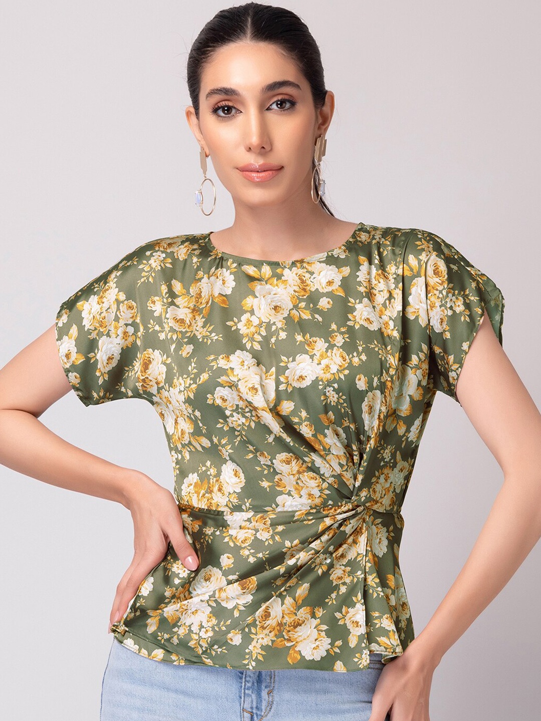 

FabAlley Olive Green Floral Printed Cinched Waist Top
