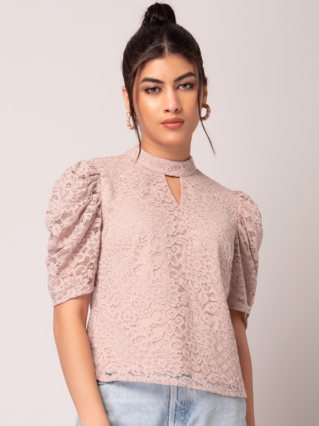 

FabAlley Pink Keyhole Neck Puff Sleeves Regular Top