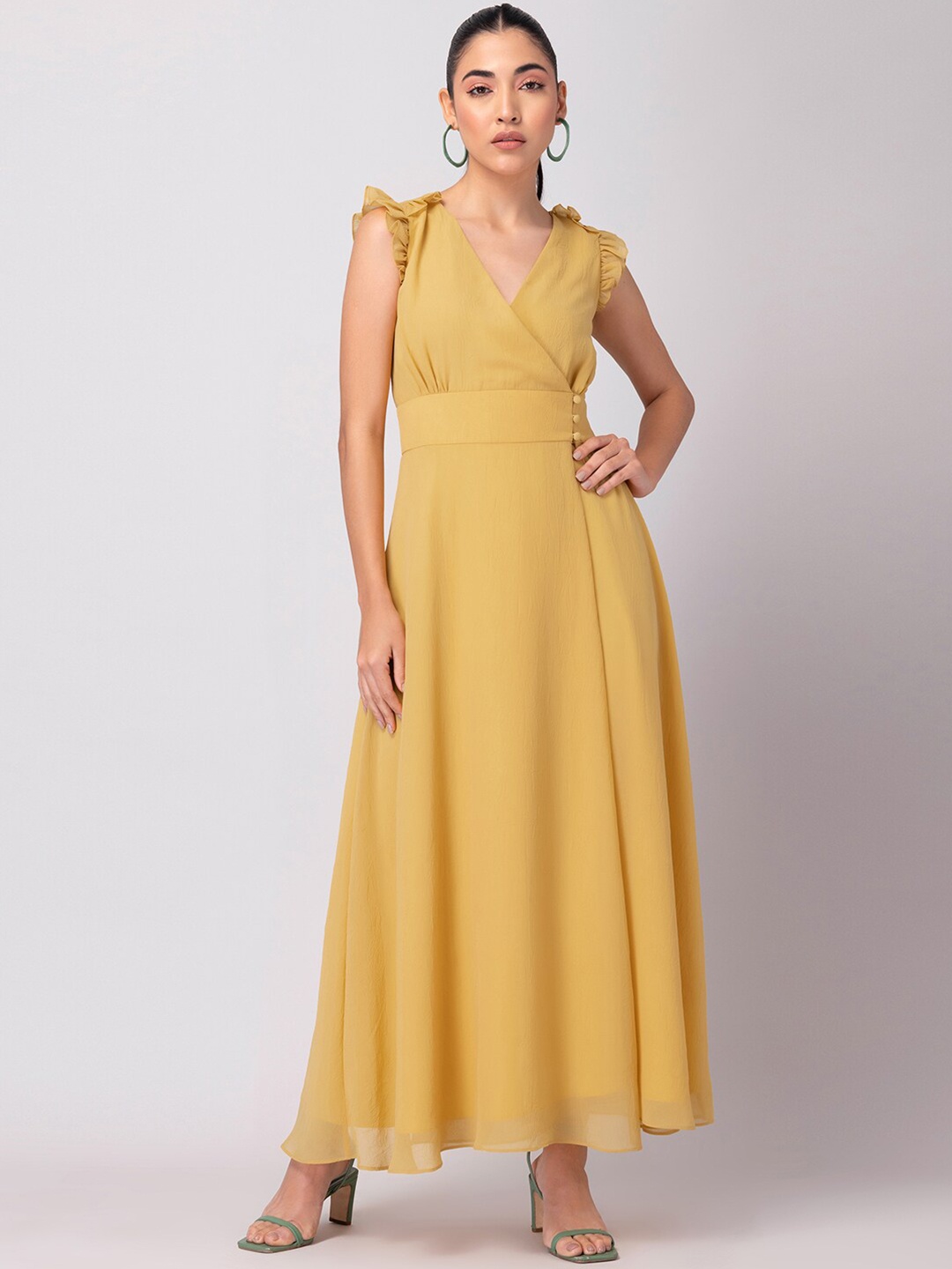 

FabAlley Yellow Fit & Flare Flutter Sleeves Maxi Dress