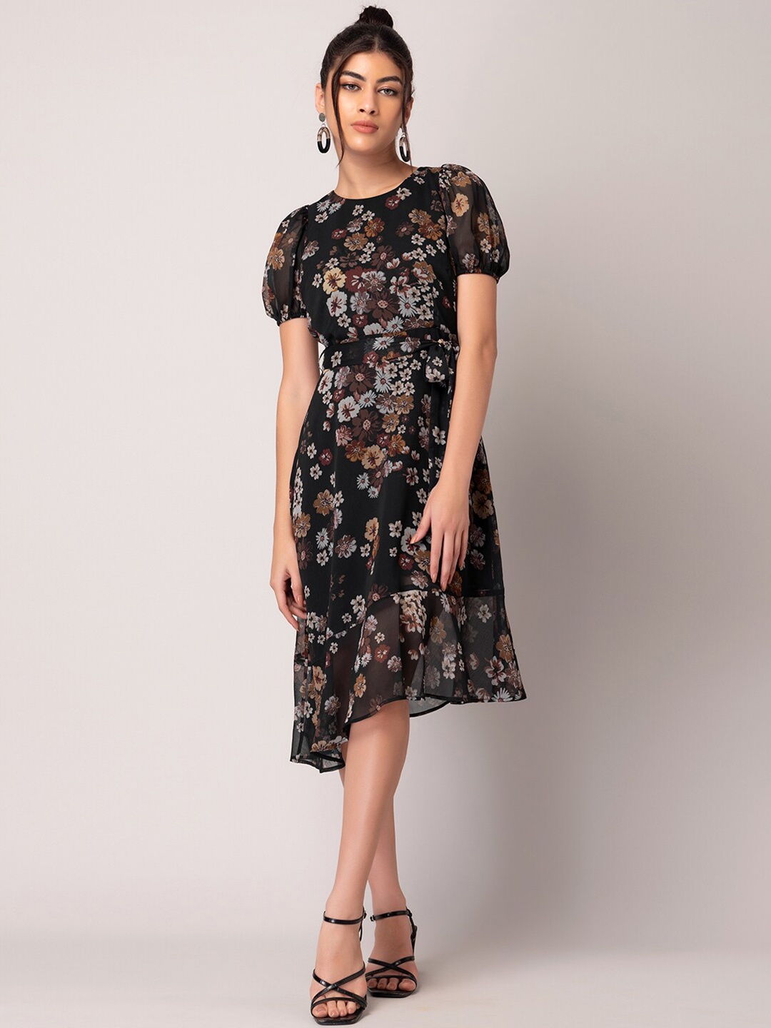 

FabAlley Black Floral Printed A-Line Midi Dress