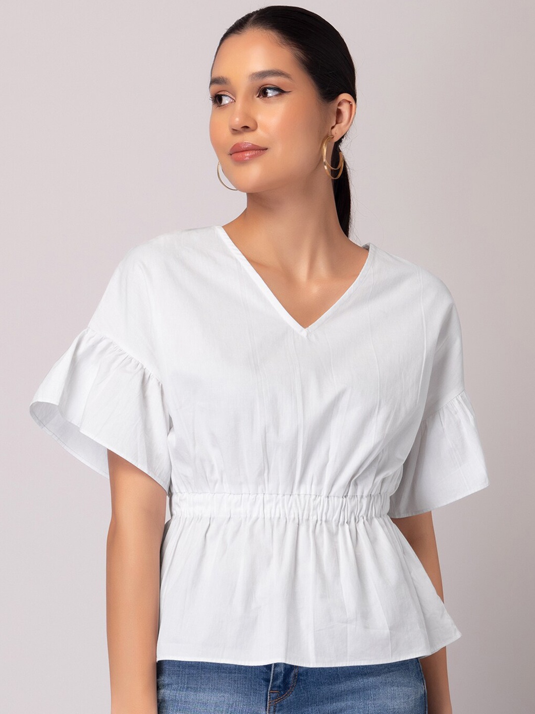 

FabAlley White Bell Sleeve Pure Cotton Peplum Top