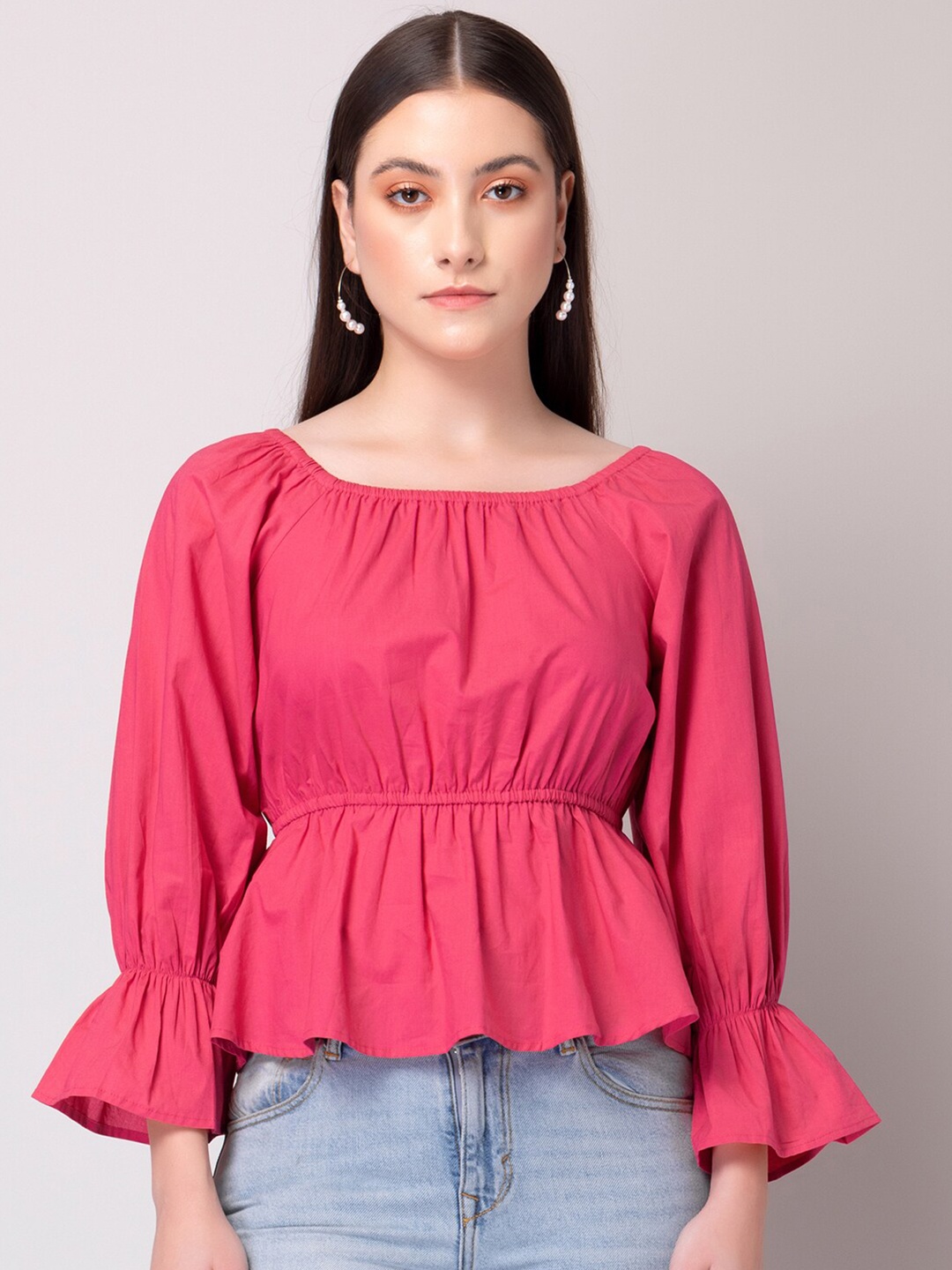 

FabAlley Pink Bell Sleeves Pure Cotton Cinched Waist Top