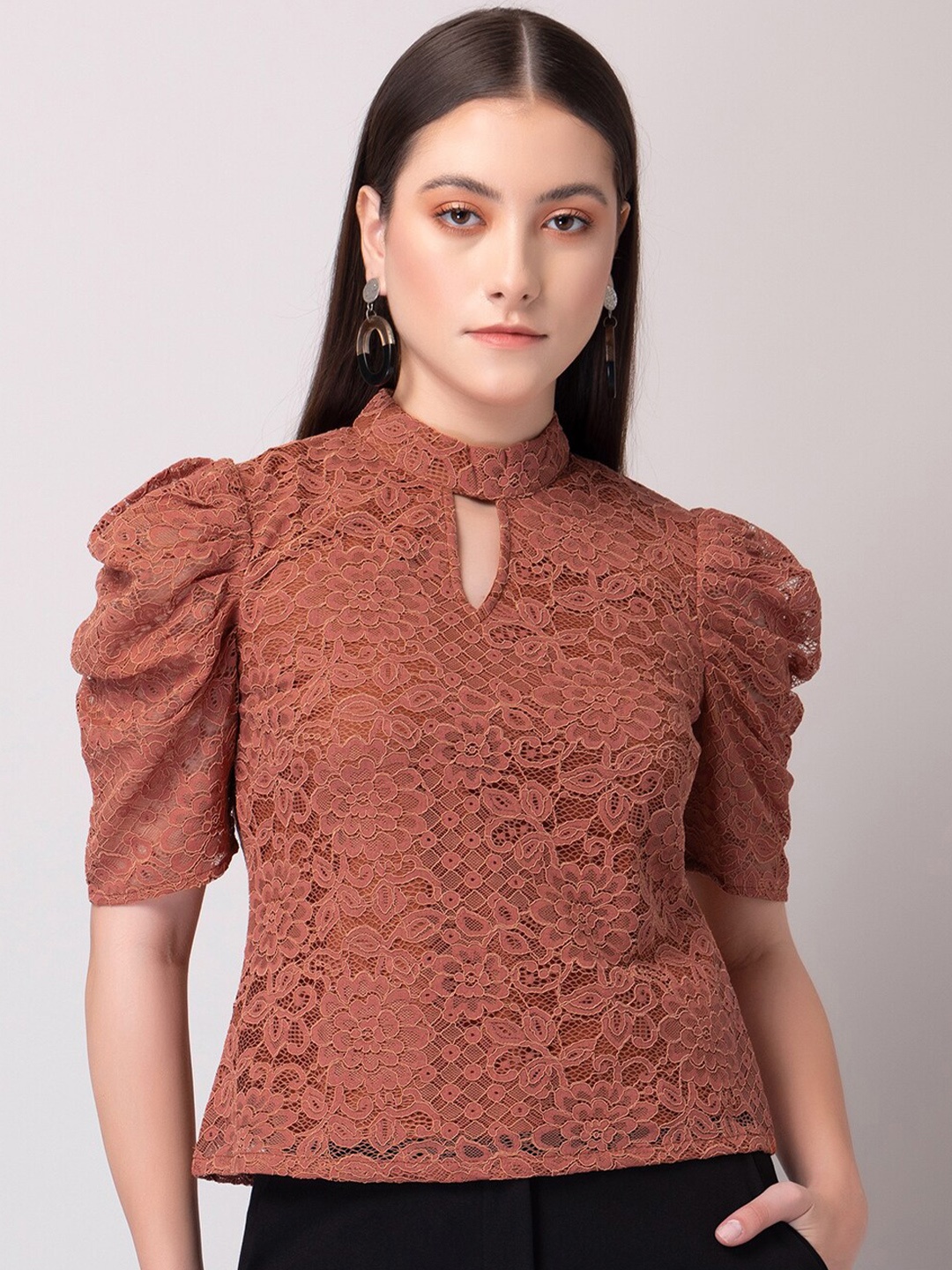 

FabAlley Keyhole Neck Puff Sleeves Regular Top, Peach