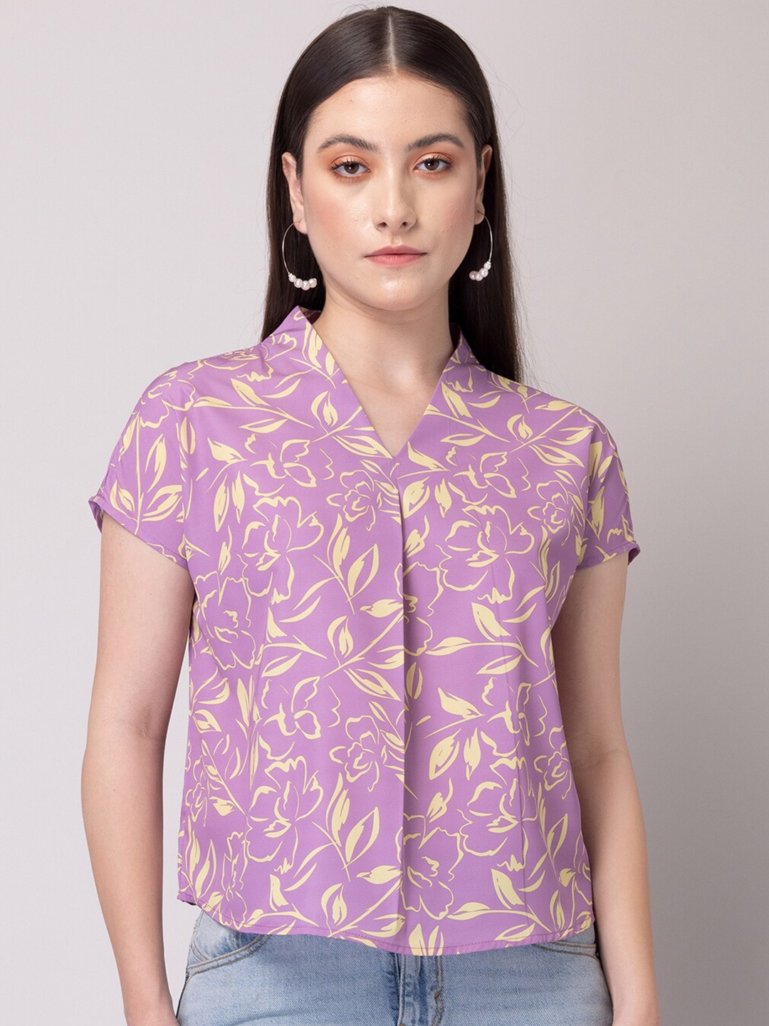 

FabAlley Purple Floral Printed Shirt Style Top