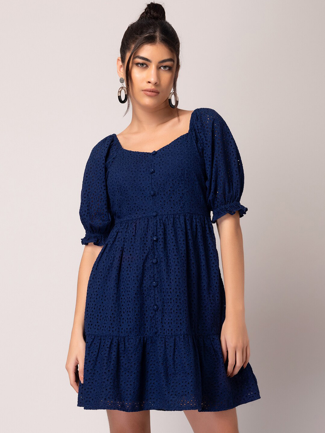 

FabAlley Blue Self Design Puff Sleeves Schiffli Pure Cotton Fit & Flare Dress