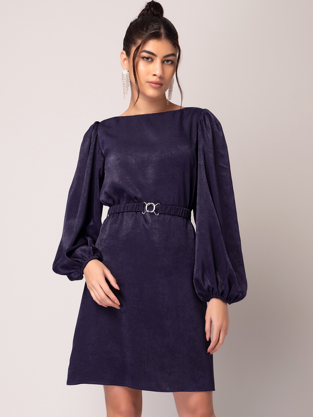 

FabAlley Purple Puff Sleeves Satin Fit & Flare Dress
