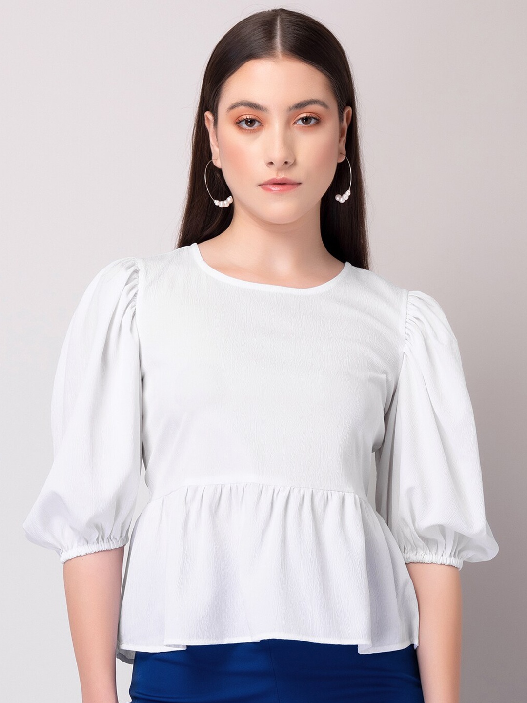 

FabAlley White Puff Sleeves Peplum Top