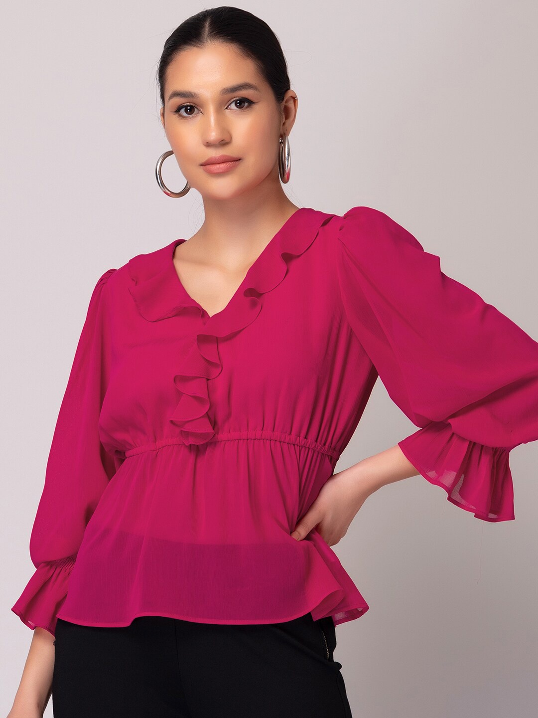 

FabAlley Pink V-Neck Bishop Sleeve Ruffled Cinched Waist Top