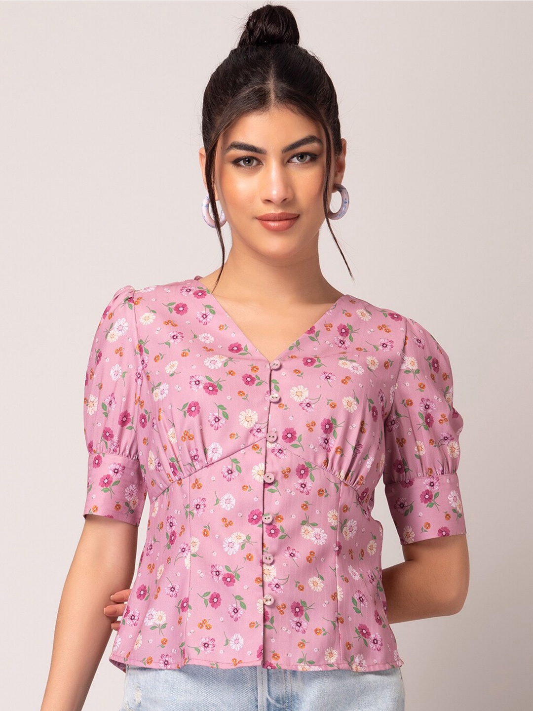 

FabAlley Pink Floral Printed Puff Sleeve Shirt Style Top