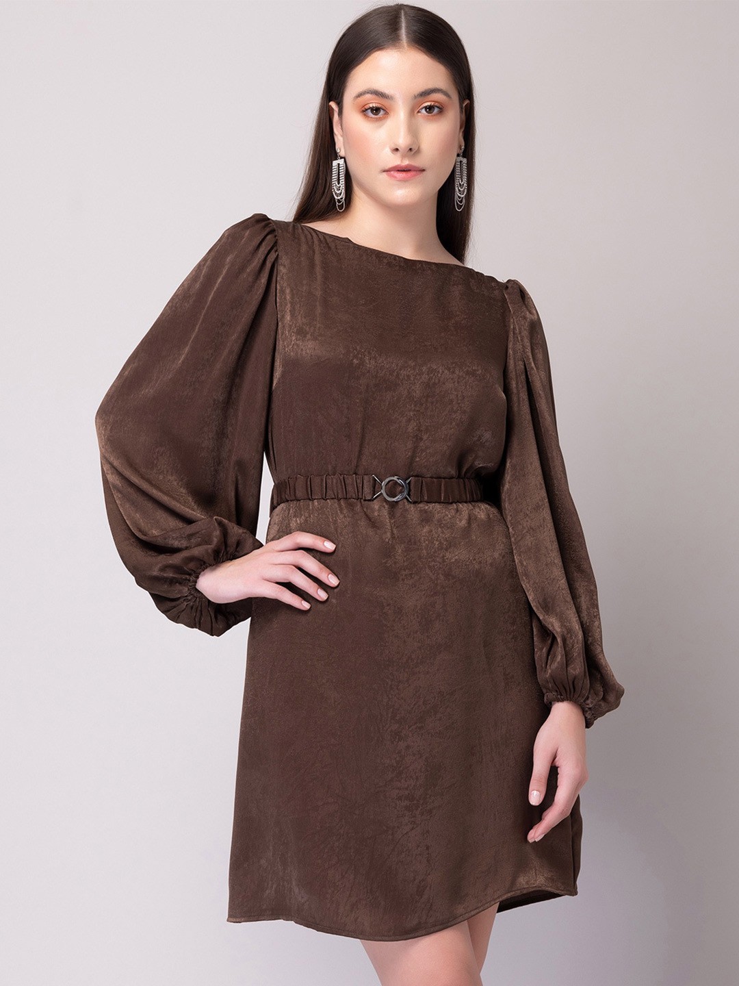 

FabAlley Brown Puff Sleeves Satin Fit & Flare Dress