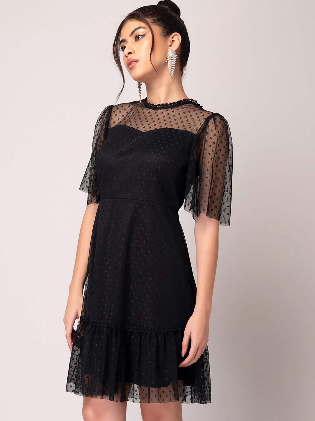 

FabAlley Black Self Design Fit & Flare Dress