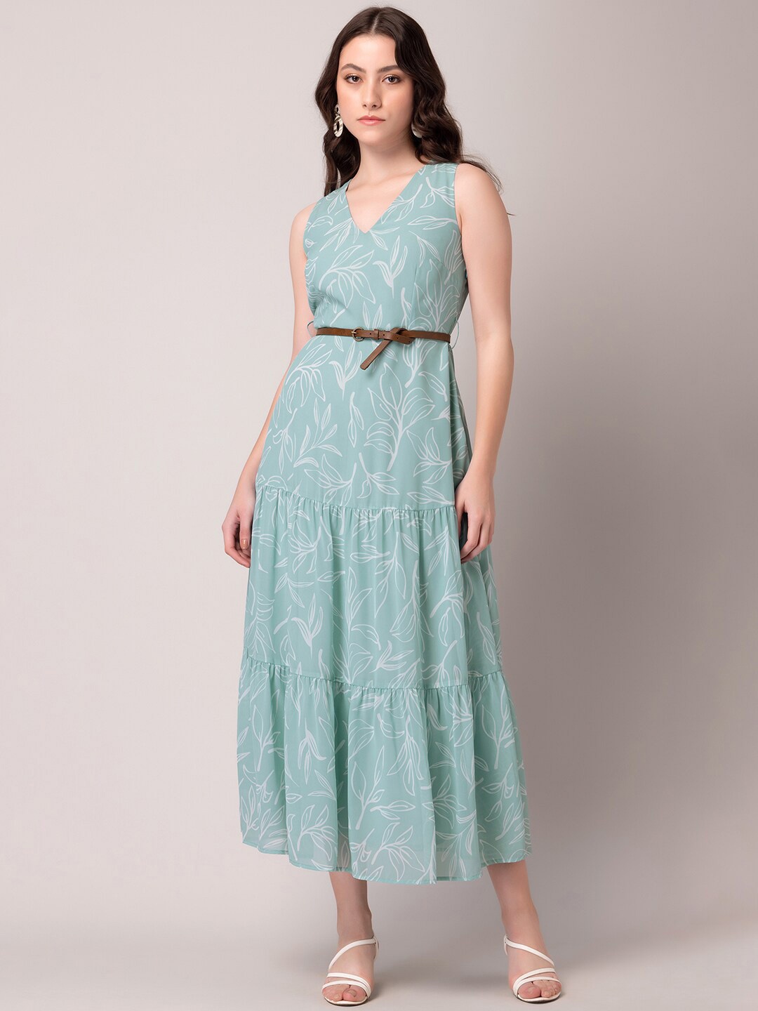 

FabAlley Blue Floral Printed Tiered A-Line Midi Dress With Belt