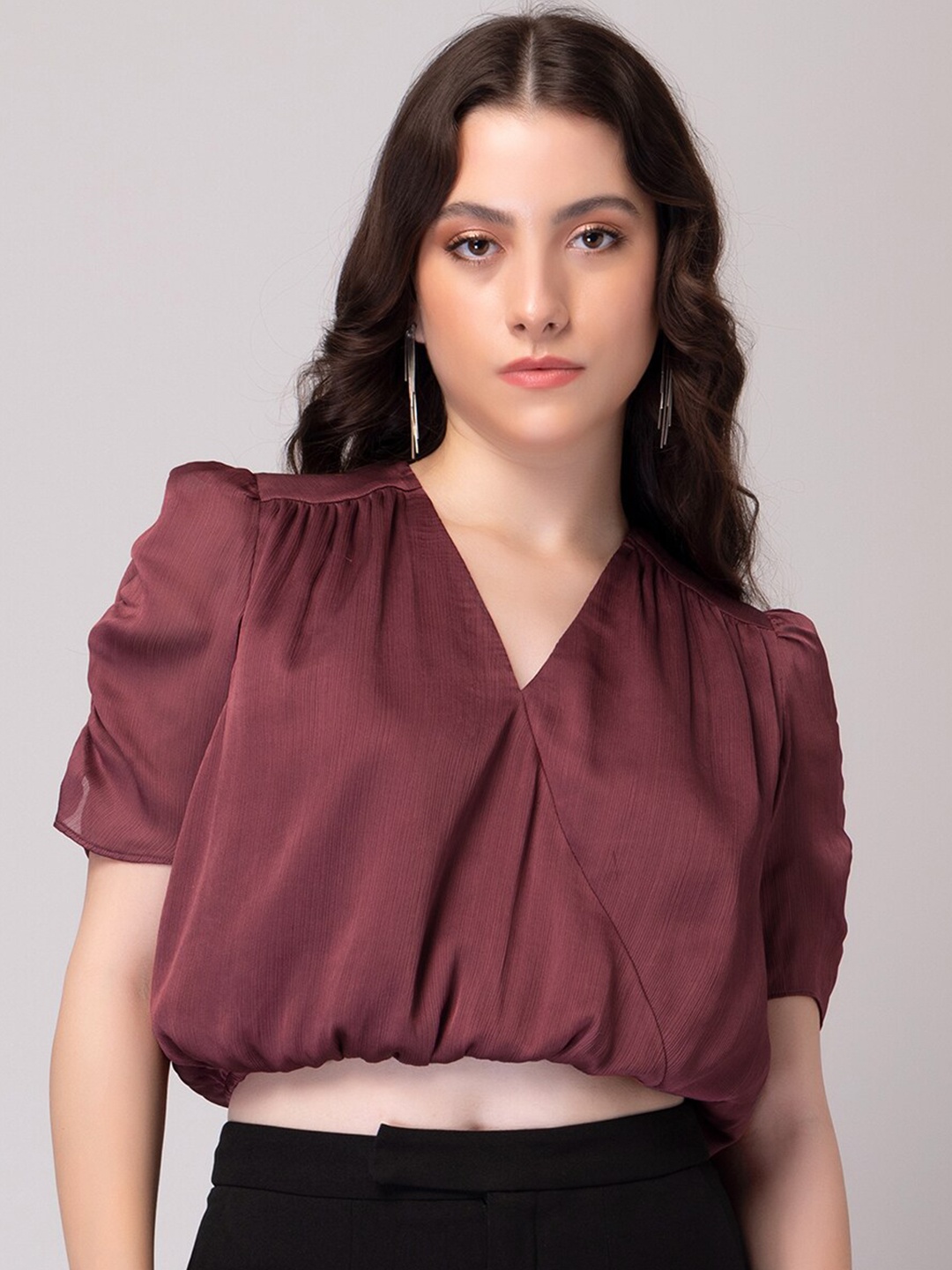 

FabAlley Maroon V-Neck Puff Sleeve Crop Top