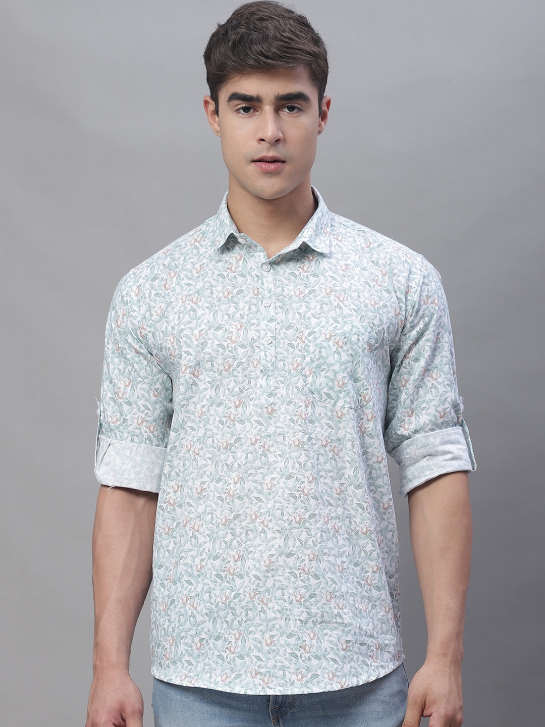 

Majestic Man Floral Printed Pure Cotton Shirt Style Short Kurta, Green