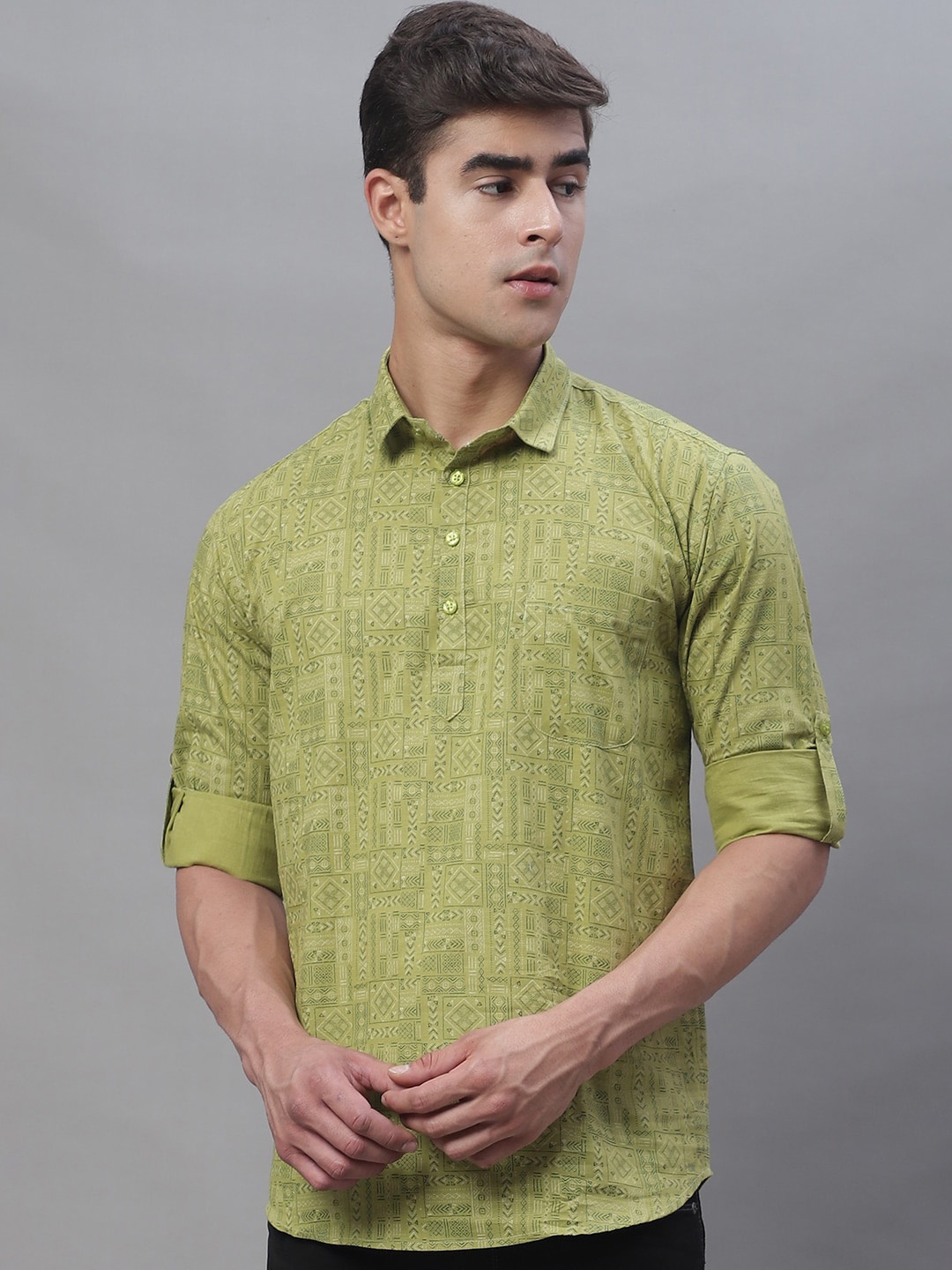 

Majestic Man Ethnic Motifs Printed Pure Cotton Short Kurta, Green