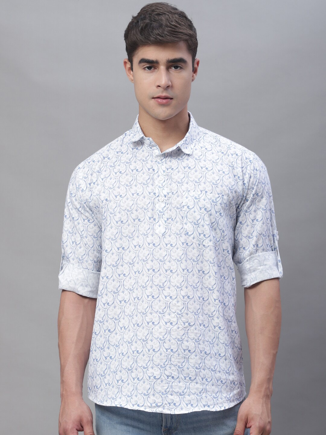 

Majestic Man Ethnic Motifs Printed Pure Cotton Short Kurta, Blue