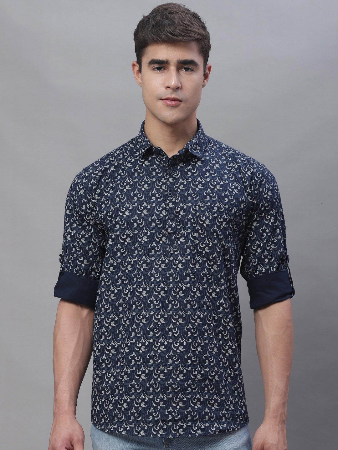 

Majestic Man Ethnic Motifs Printed Pure Cotton Short Kurta, Navy blue