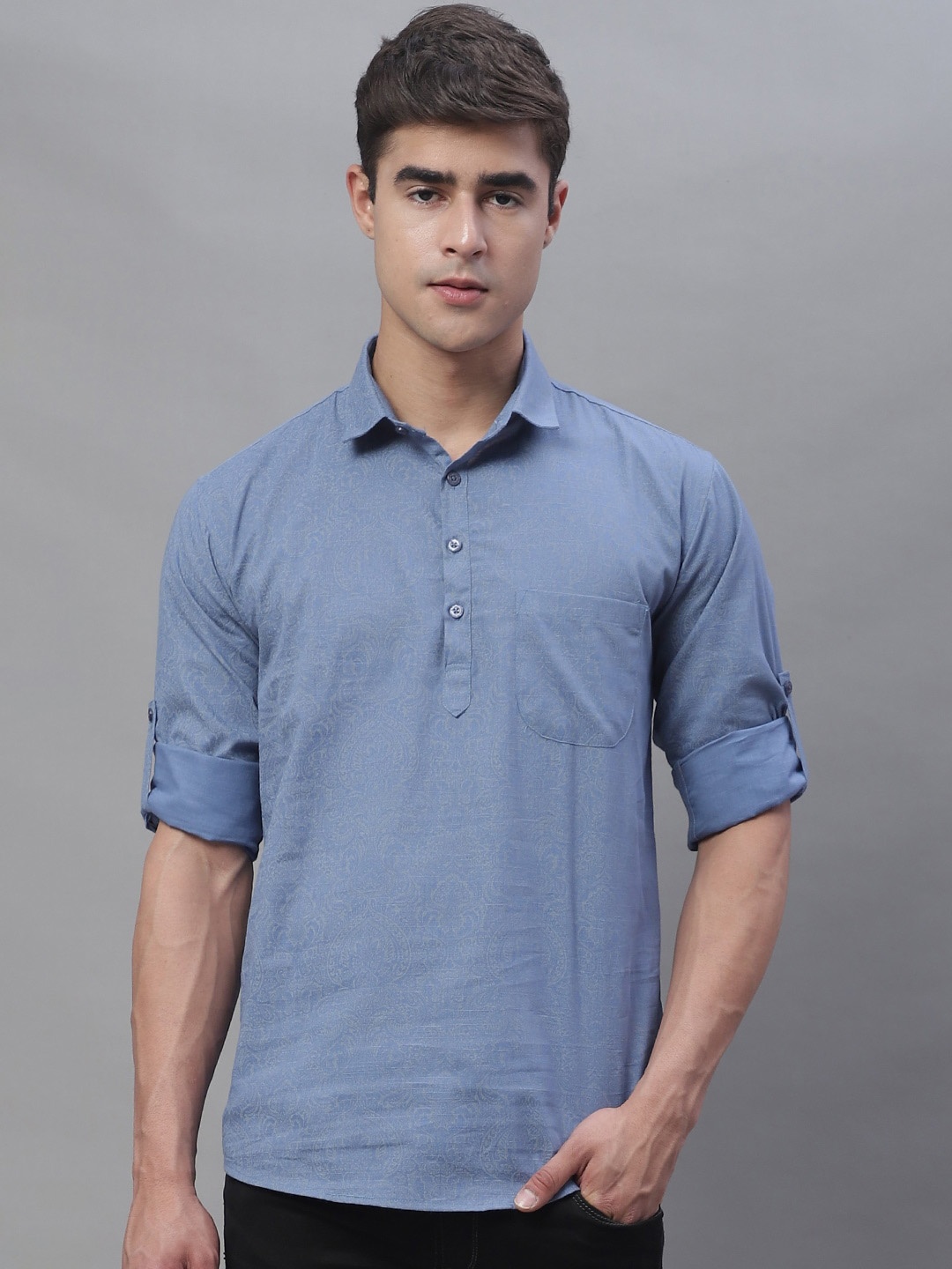 

Majestic Man Roll-Up Sleeves Pure Cotton Short Kurta, Blue
