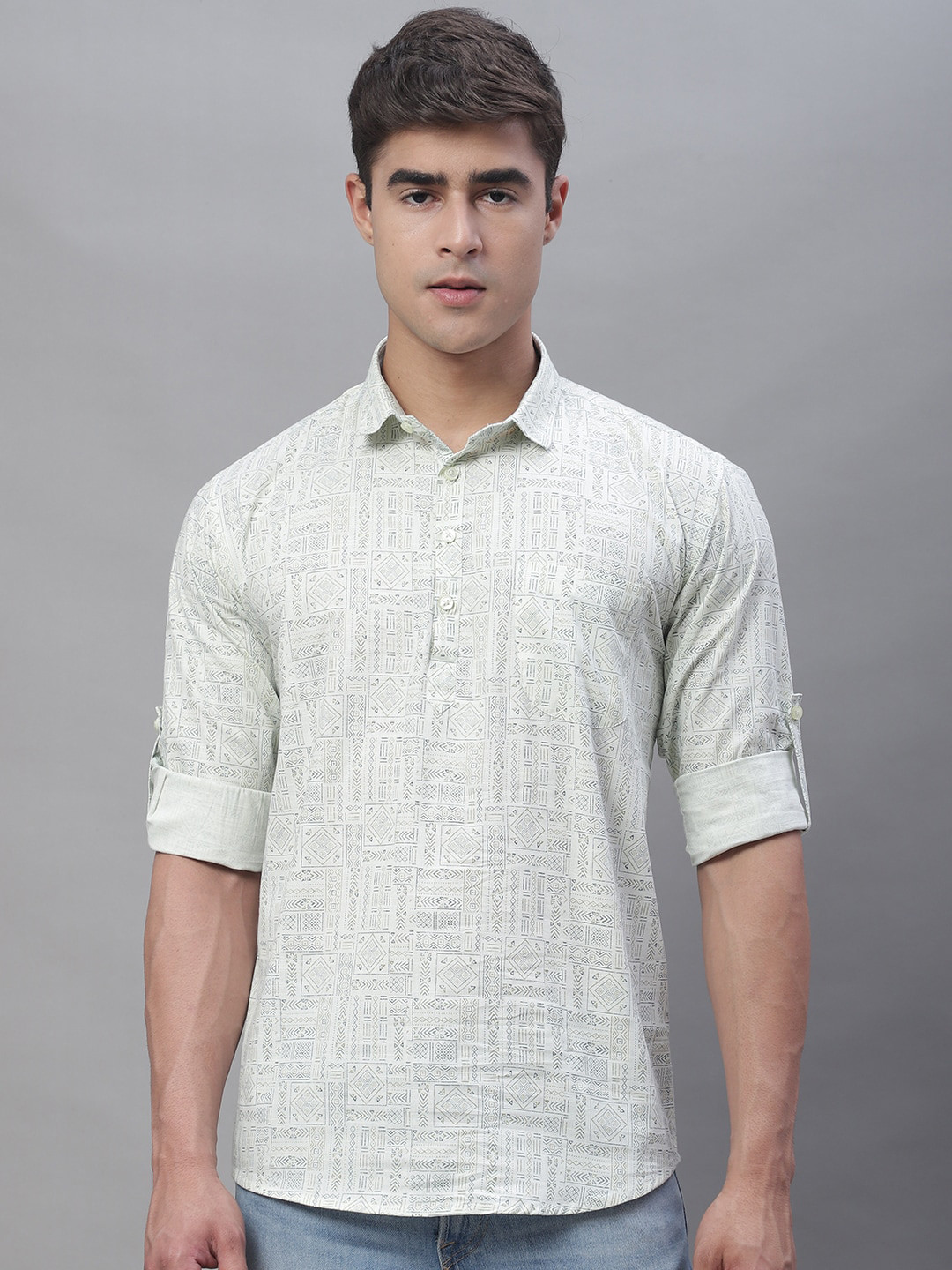 

Majestic Man Ethnic Motifs Printed Roll-Up Sleeves Pure Cotton Short Kurta, Cream