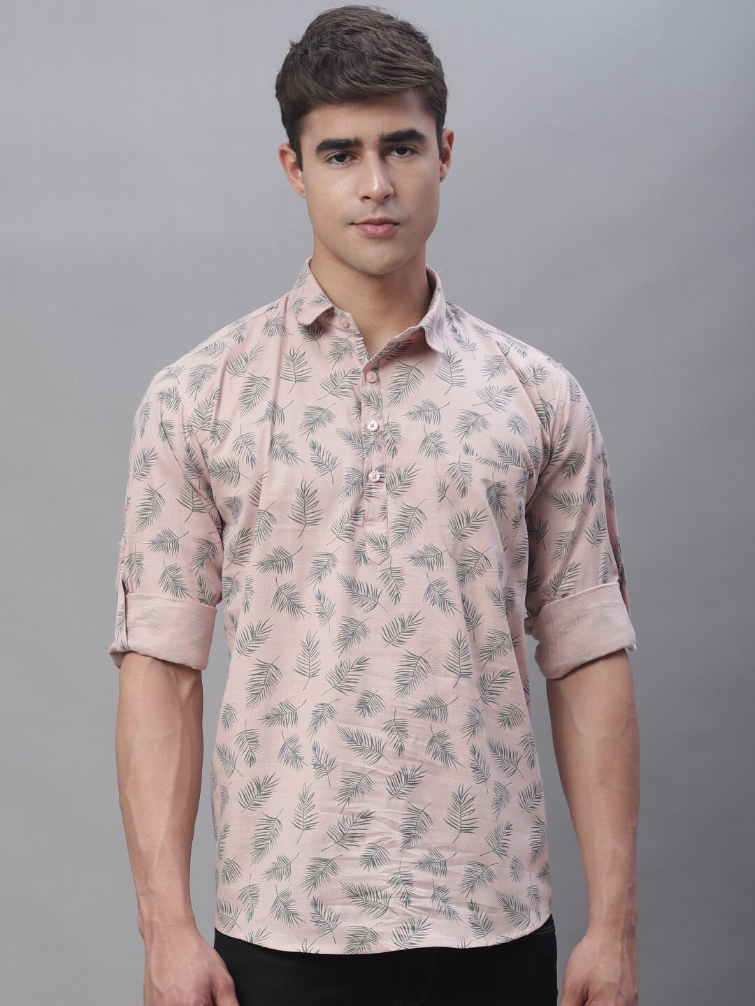 

Majestic Man Tropical Print Pure Cotton Short Kurta, Pink