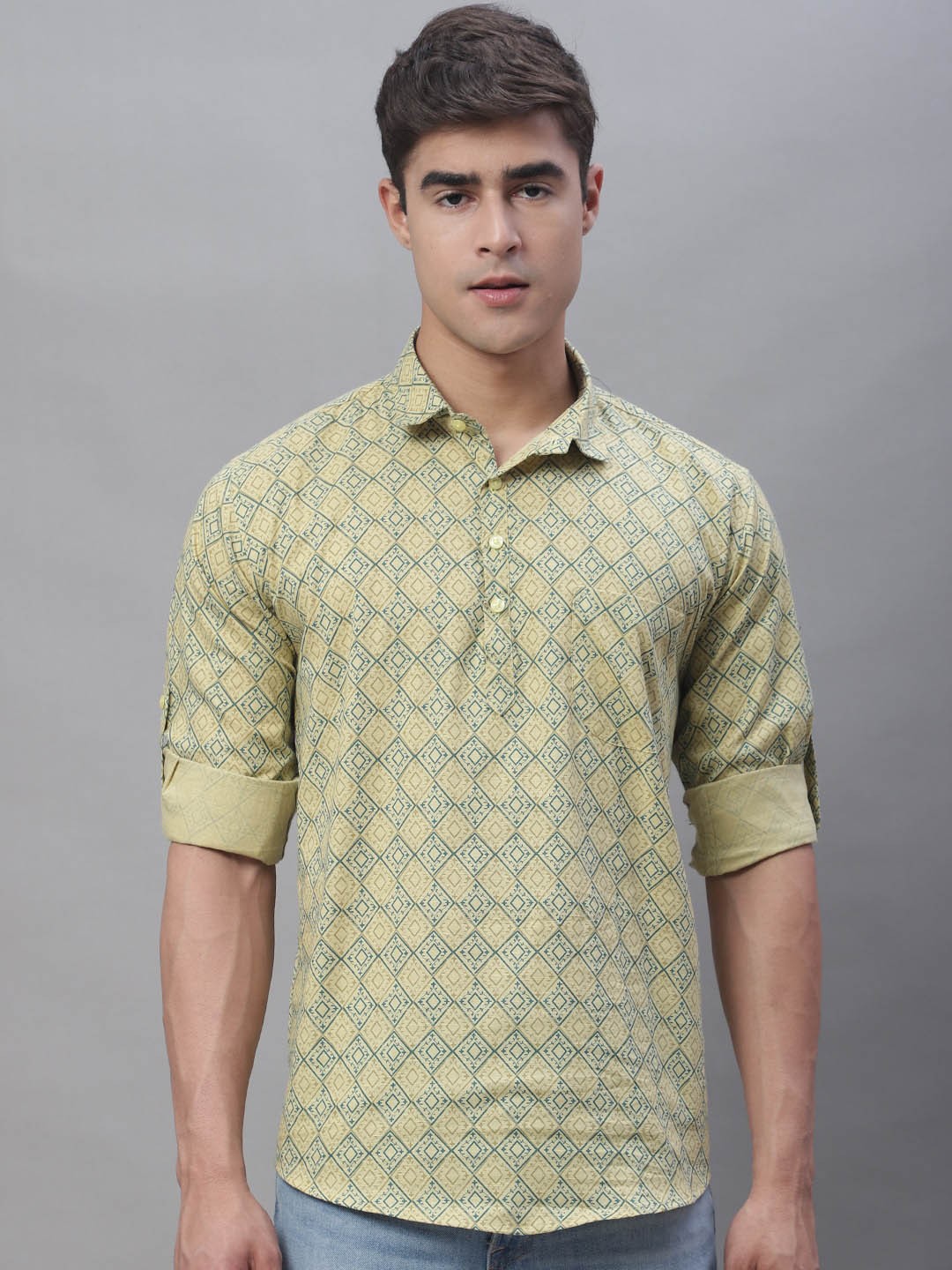 

Majestic Man Ethnic Motifs Printed Roll-Up Sleeves Pure Cotton Short Kurta, Yellow