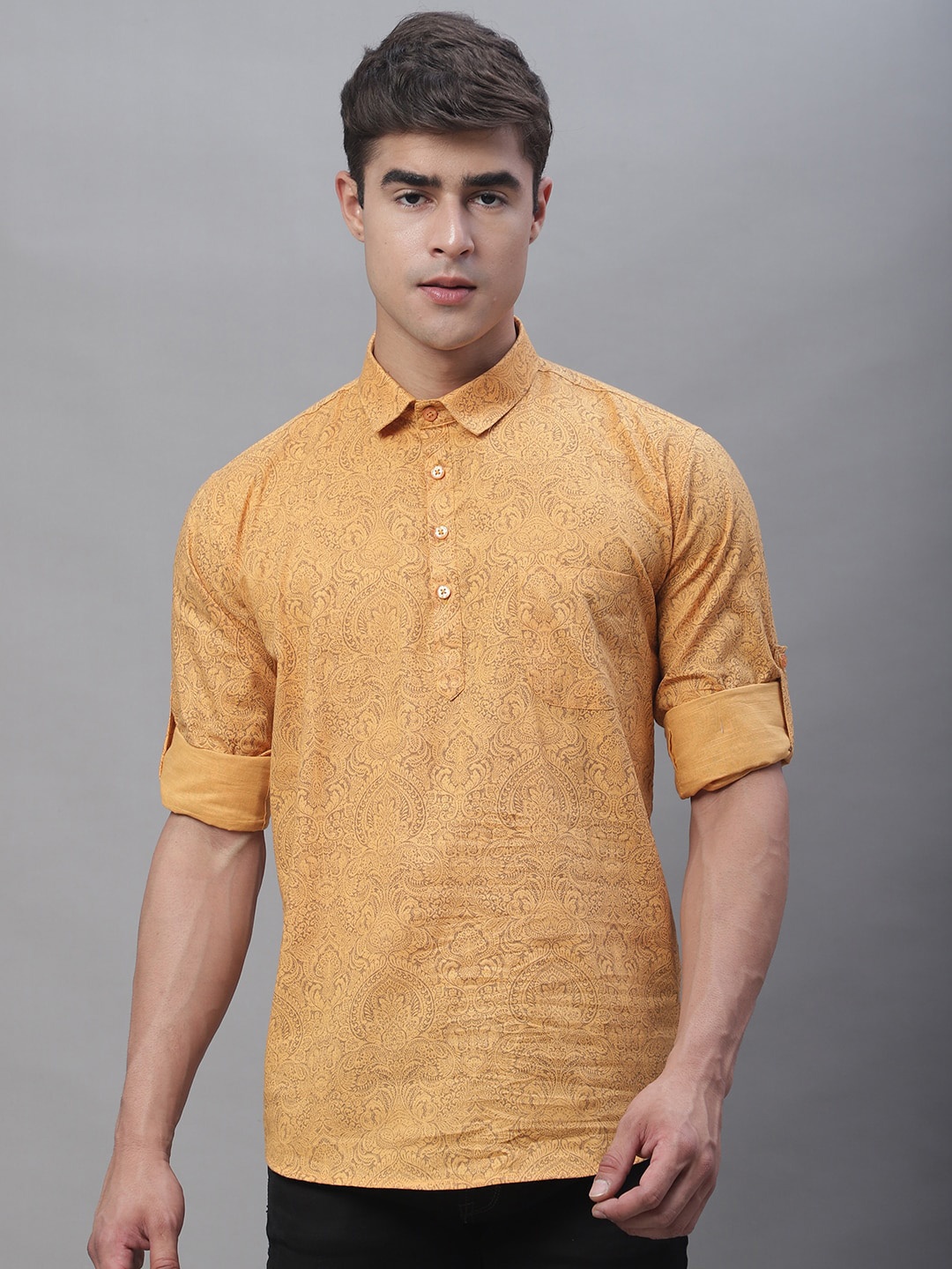 

Majestic Man Ethnic Motifs Printed Pure Cotton Shirt Style Short Kurta, Mustard