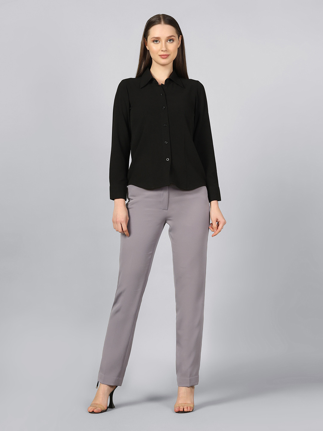 

PowerSutra Women Relaxed Fit Mid Rise Formal Trousers, Grey