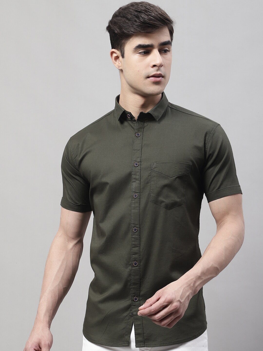 

Majestic Man Classic Spread Collar Pure Cotton Slim Fit Casual Shirt, Olive