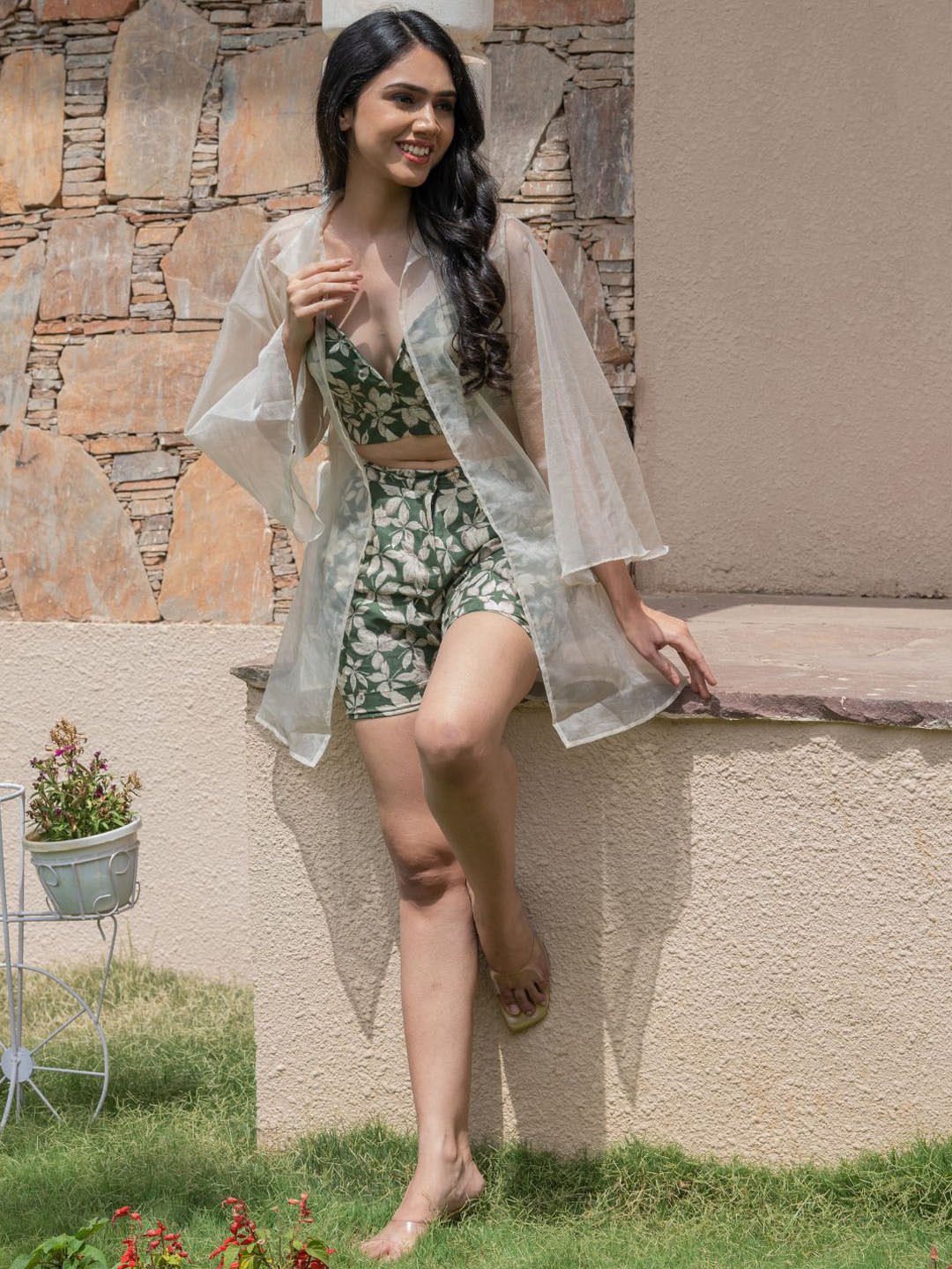 

HOUSE OF JAMOTI Floral Printed Pure Cotton Bralette Top & Shorts With Shrug, Green