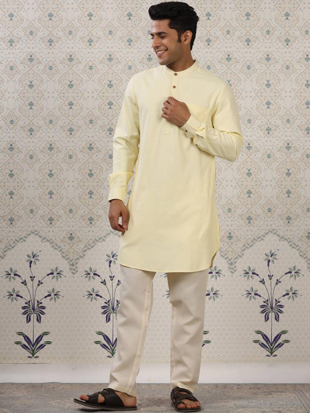 

Ode by House of Pataudi Yellow & Beige Band Collar Straight Kurta with Pyjamas