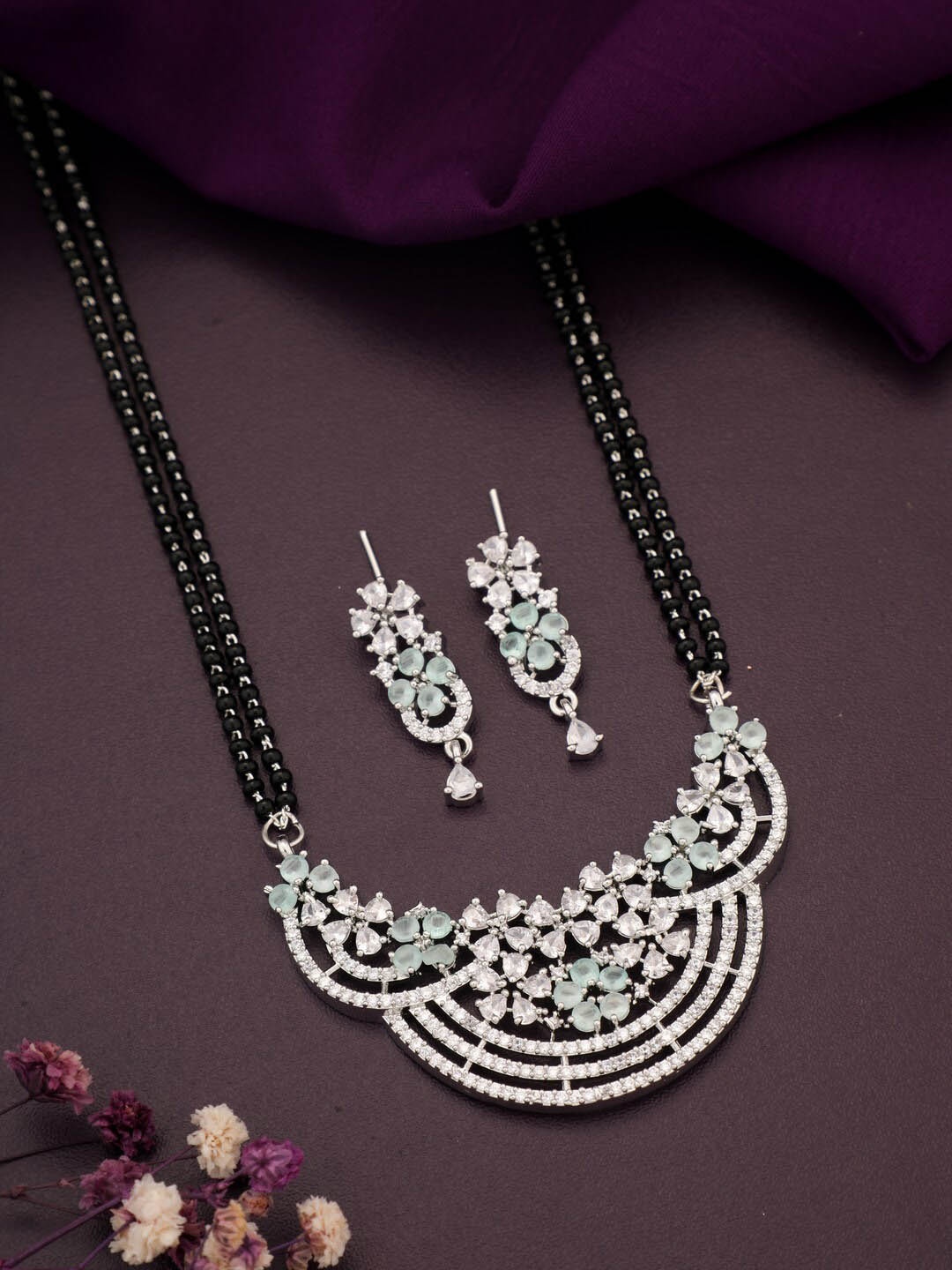 

Vita Bella Rose Gold-Plated Stone-Studded & Beaded Mangalsutra With Earrings