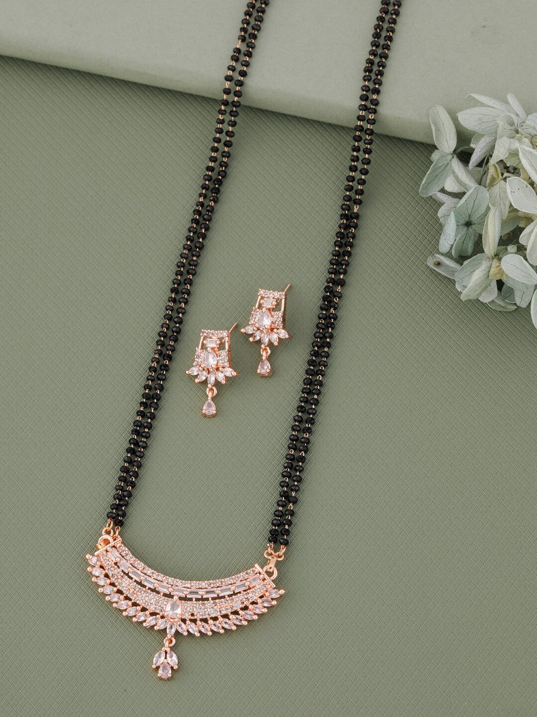 

Vita Bella Rose Gold-Plated AD-Studded & Beaded Mangalsutra With Earrings
