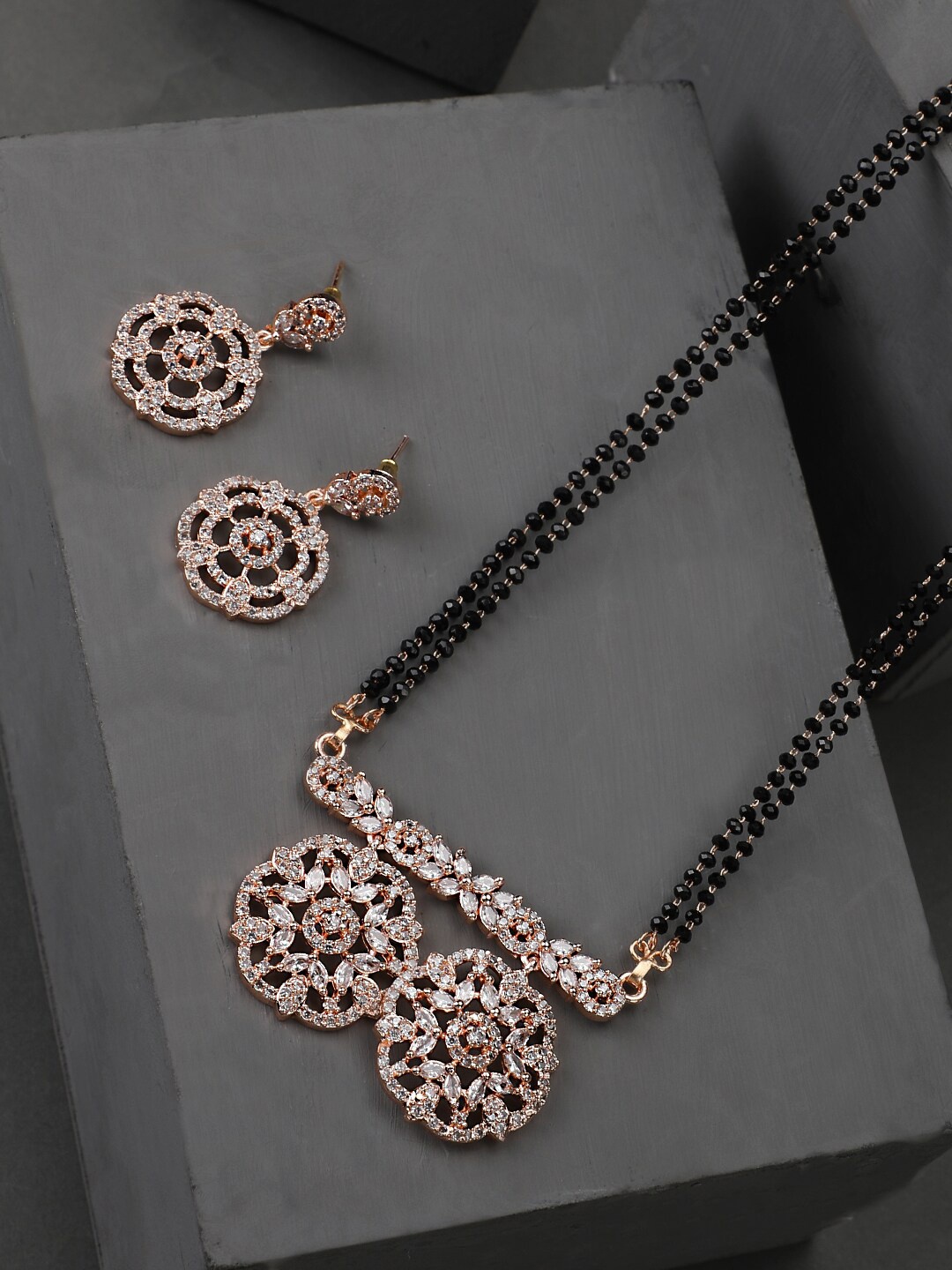 

Vita Bella Rose Gold-Plated AD-Studded & Beaded Mangalsutra With Earrings