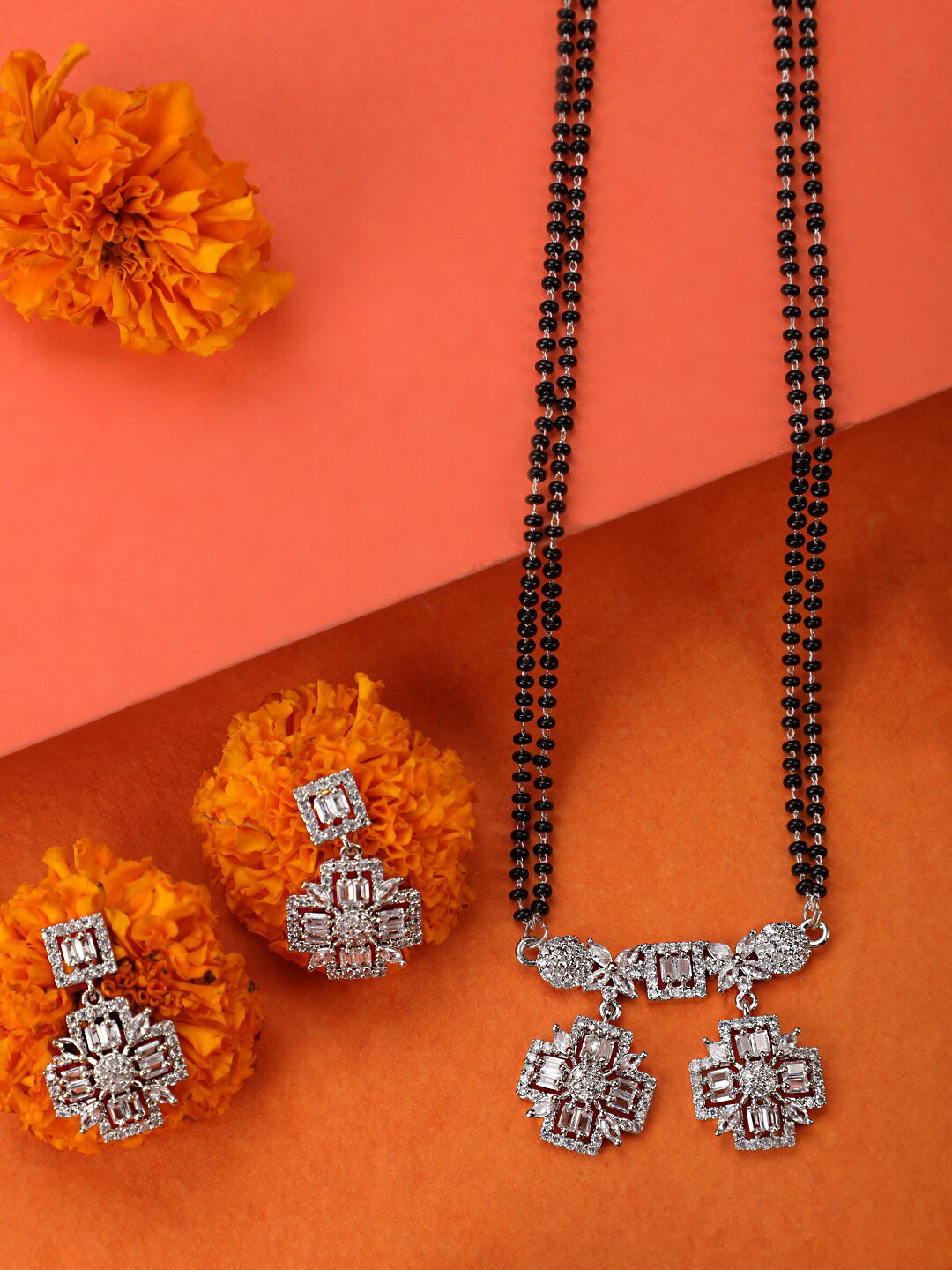 

Vita Bella Silver-Plated AD-Studded & Beaded Mangalsutra With Earrings