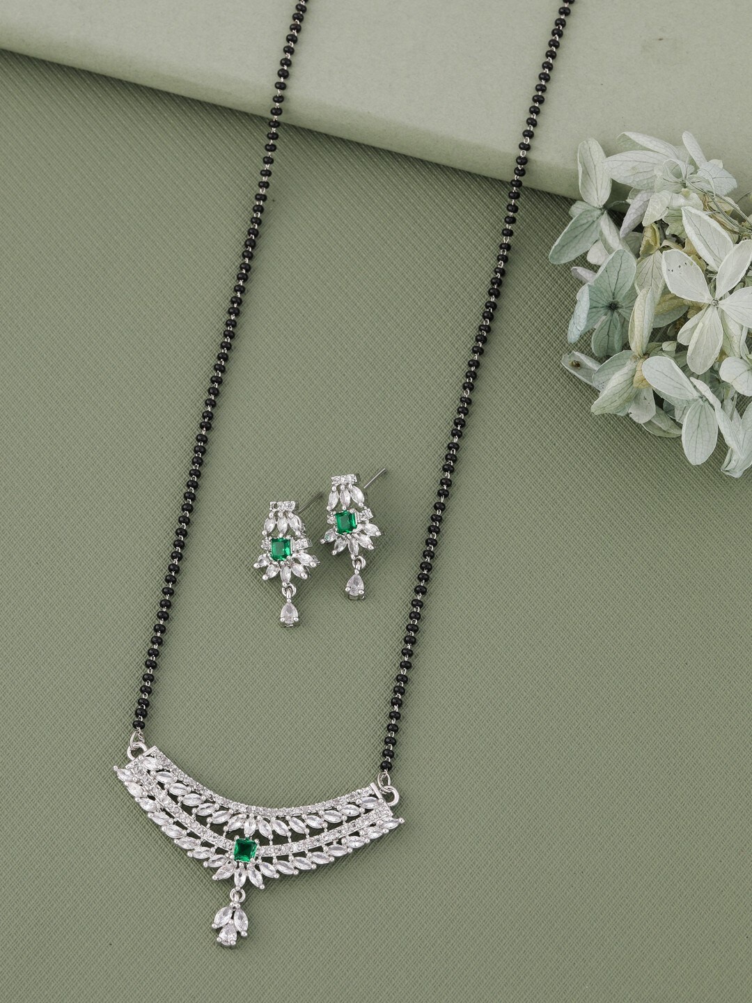 

Vita Bella Silver-Plated Stone-Studded & Beaded Mangalsutra With Earrings