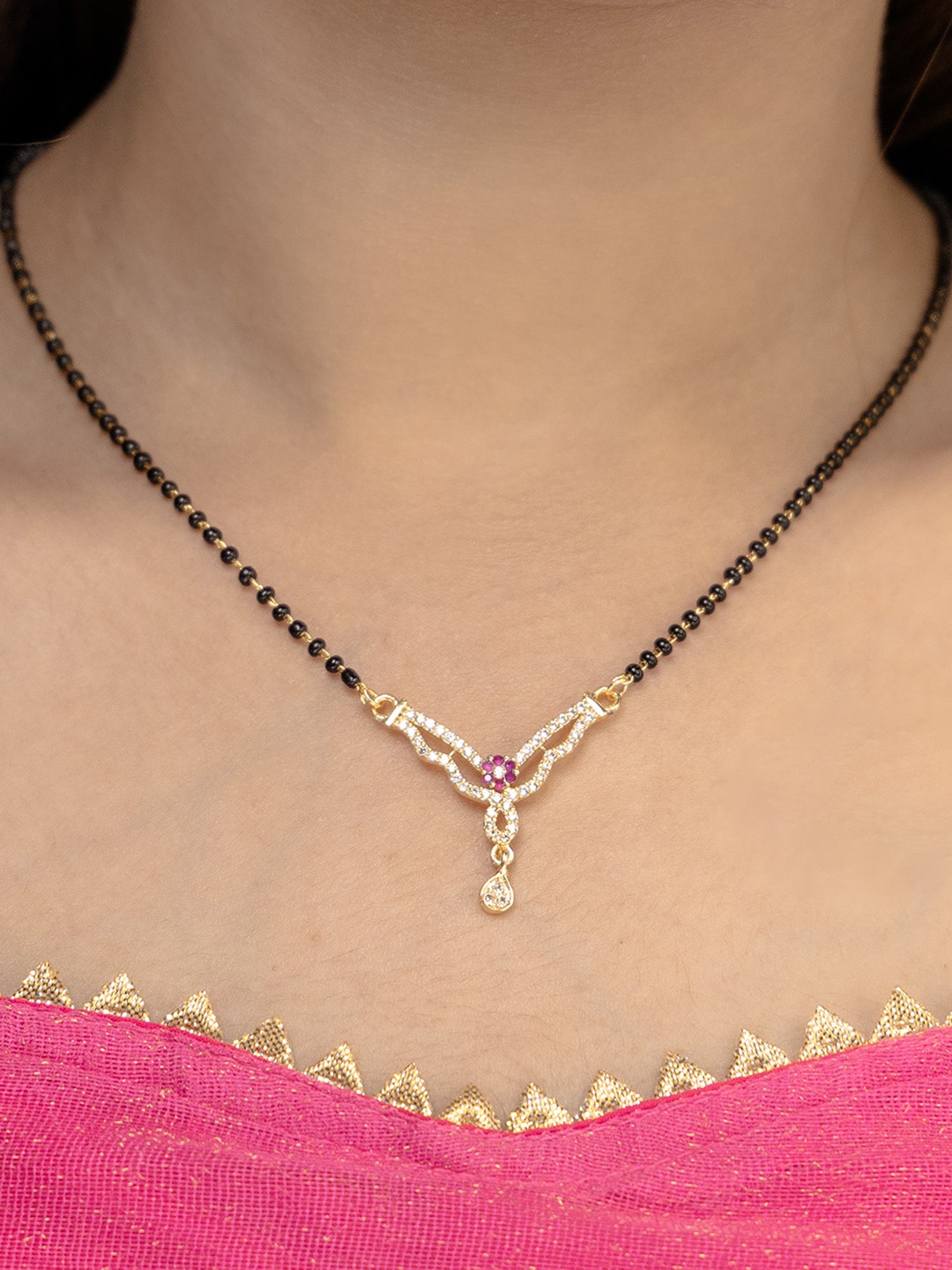 

Vita Bella Gold-Plated AD Studded & Beaded Mangalsutra