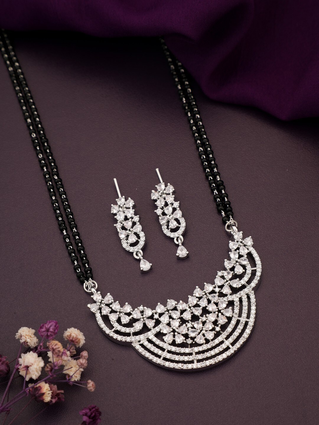 

Vita Bella Silver-Plated Stone-Studded & Beaded Mangalsutra With Earrings