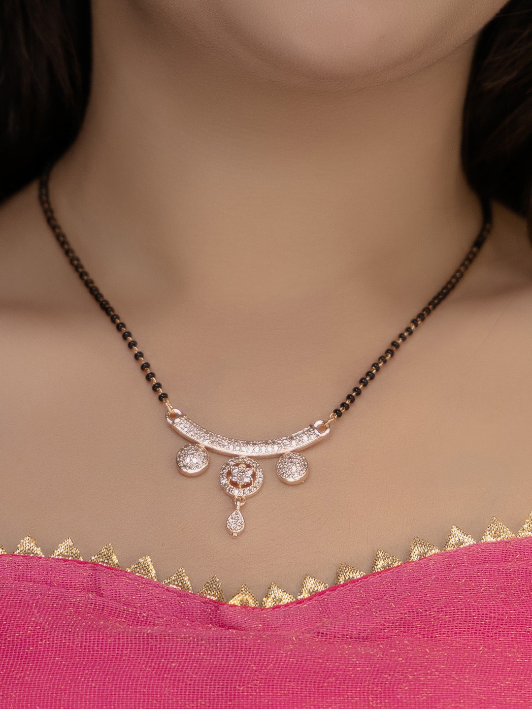 

Vita Bella Rose Gold-Plated Stone-Studded & Beaded Mangalsutra