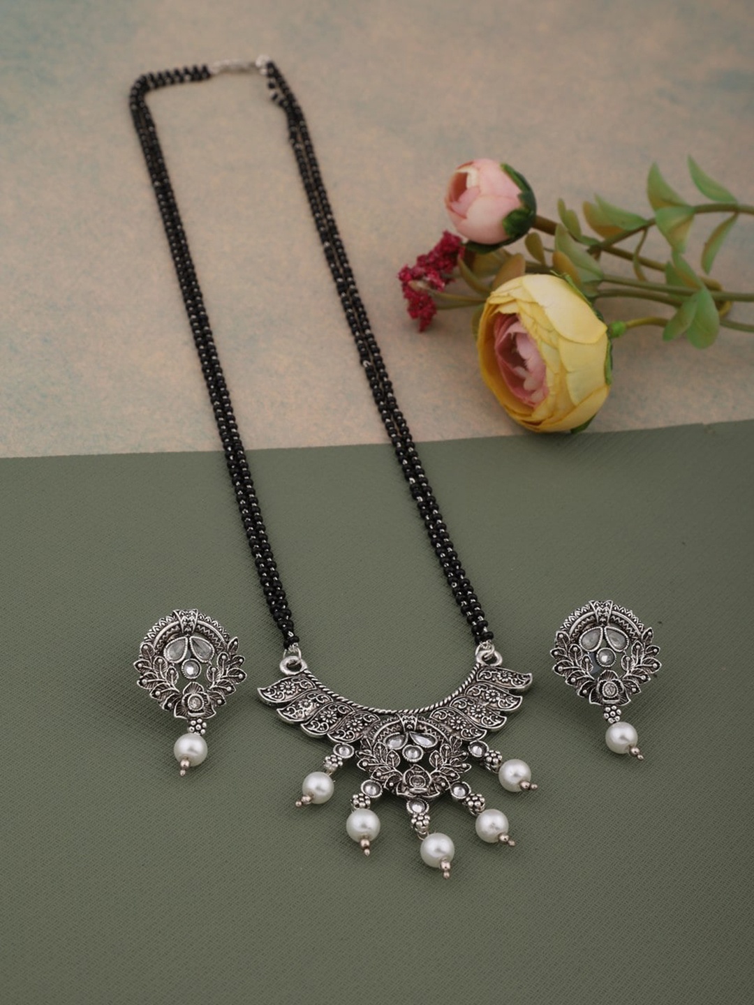 

Vita Bella Silver-Plated & Beaded Oxidised Mangalsutra With Earrings