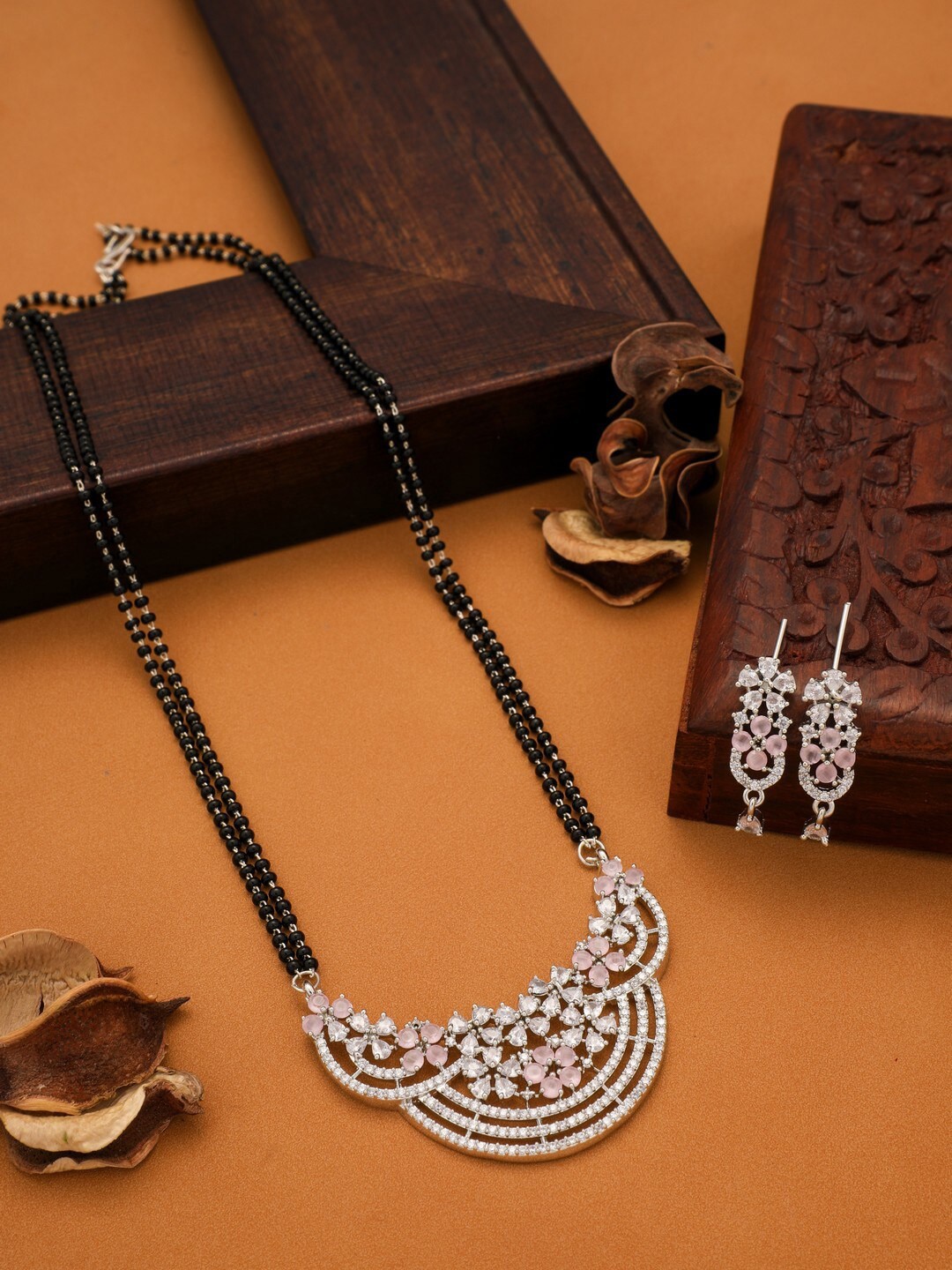 

Vita Bella Silver-Plated Stone-Studded & Beaded Mangalsutra With Earrings