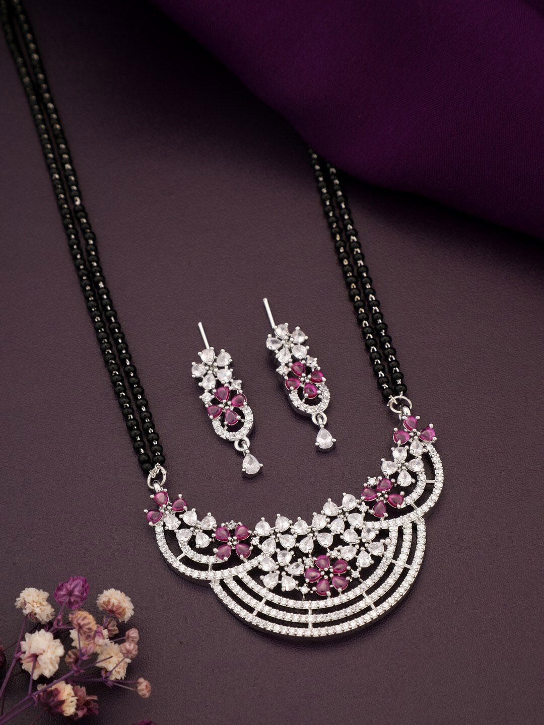 

Vita Bella Silver-Plated AD Studded & Beaded Mangalsutra With Earrings
