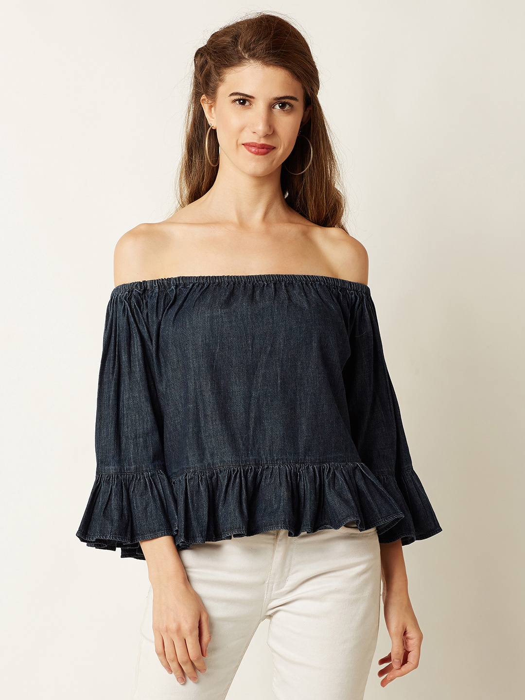 

Miss Chase Women Navy Blue Denim Bardot Top