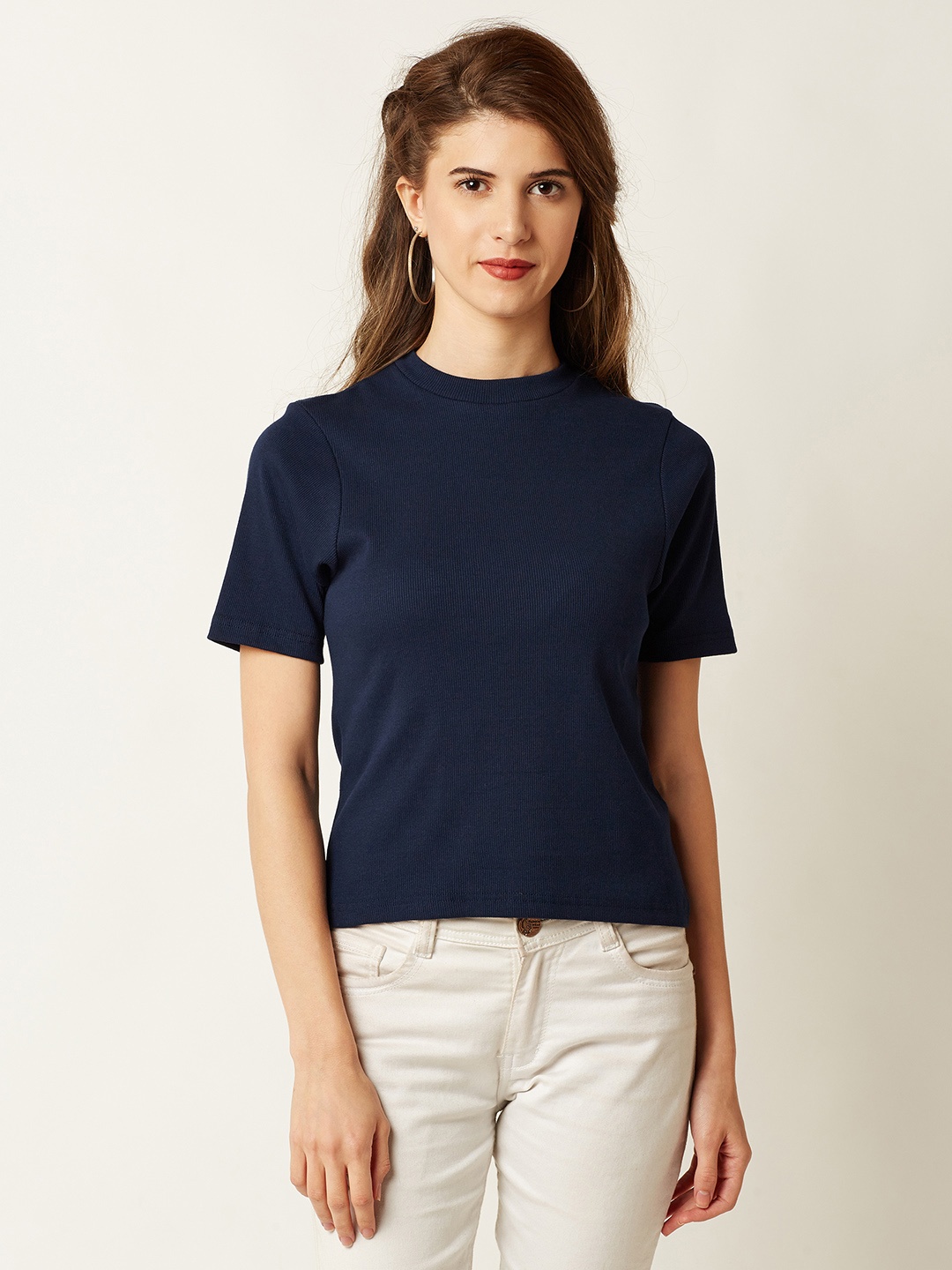 

Miss Chase Women Navy Blue Solid Pure Cotton Top