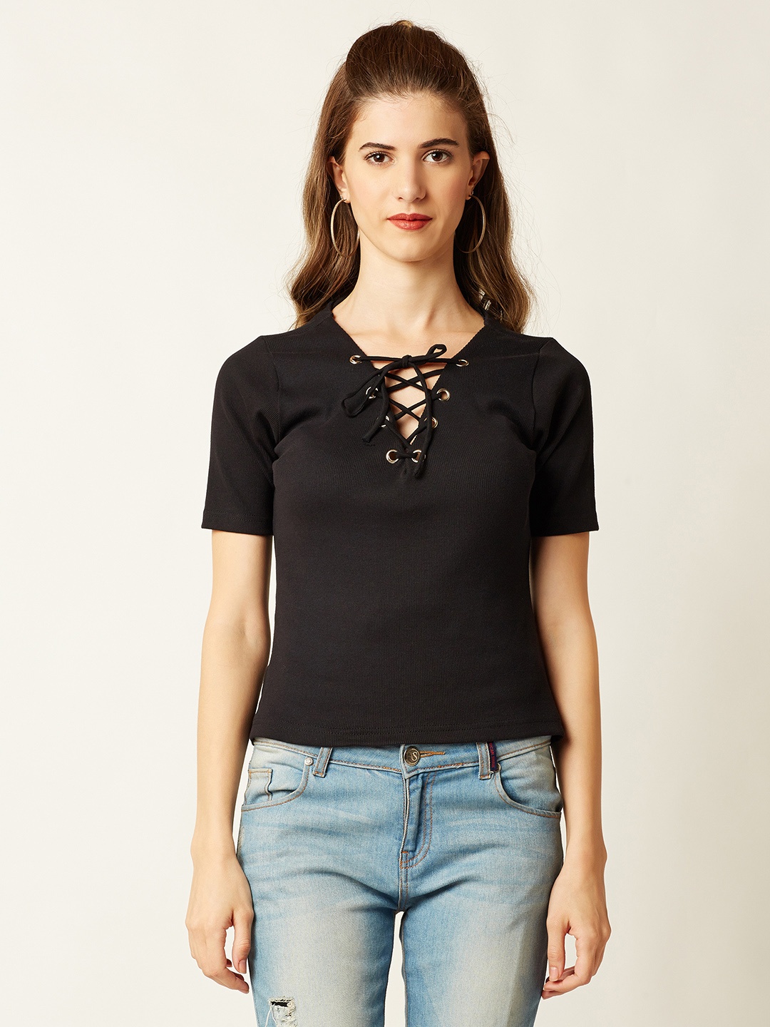 

Miss Chase Women Black Solid Pure Cotton Top