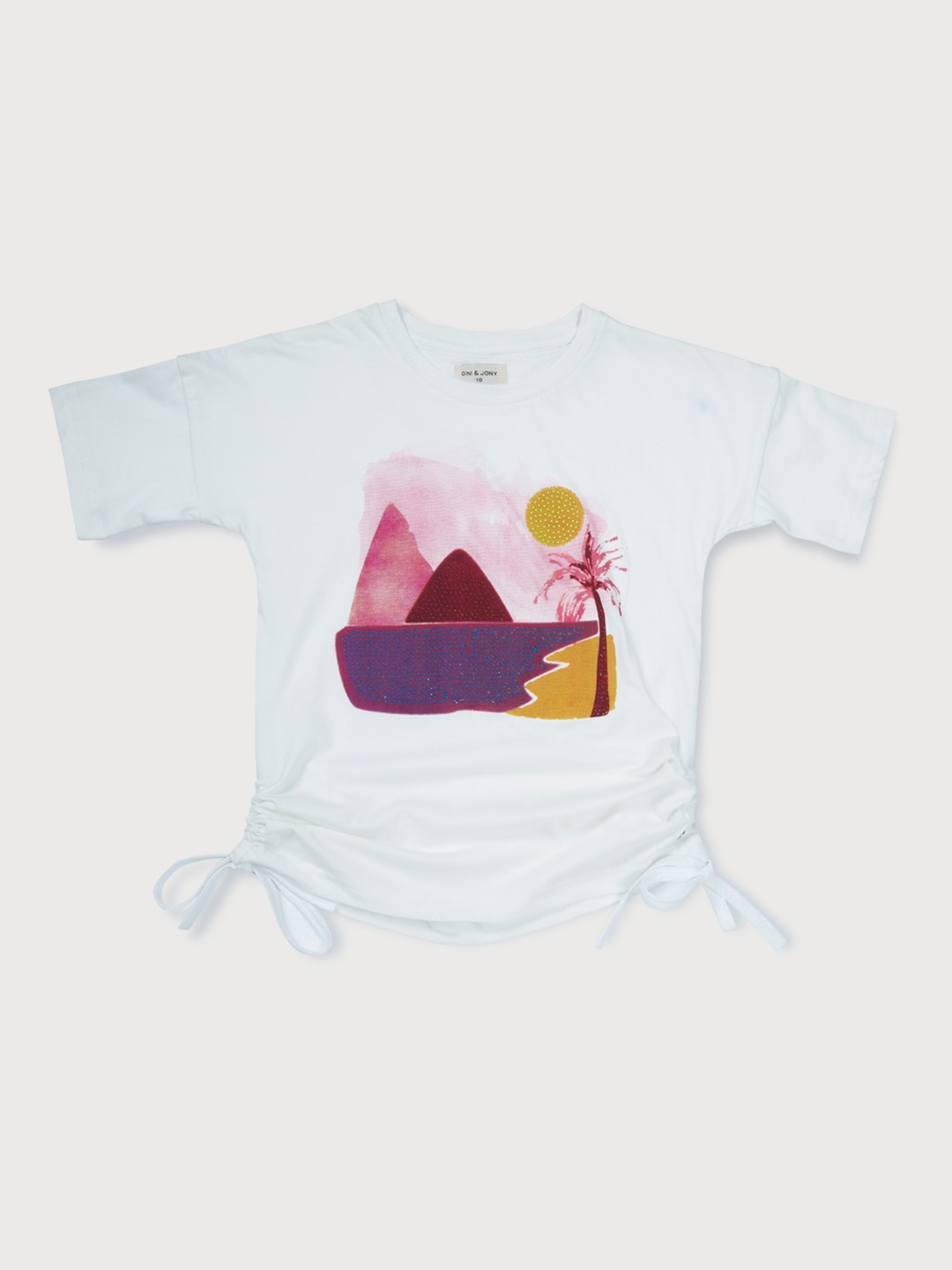 

Gini and Jony Girls Graphic Printed Ruched Embellished Cotton Top, White