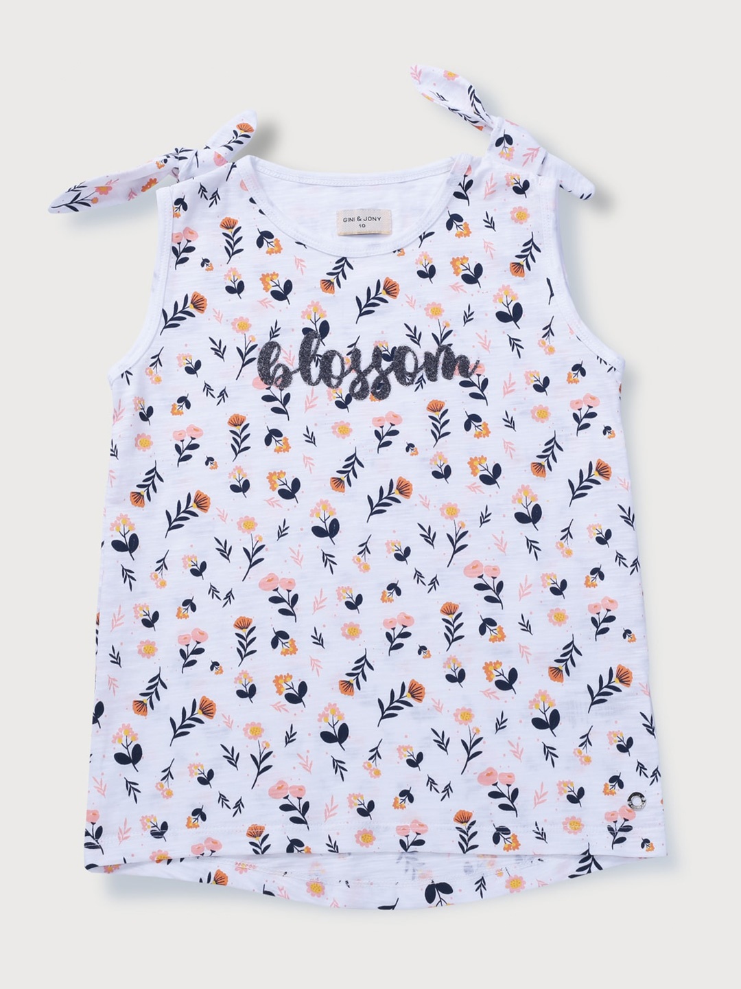 

Gini and Jony Girls Conversational Printed Tie Ups Cotton Top, White