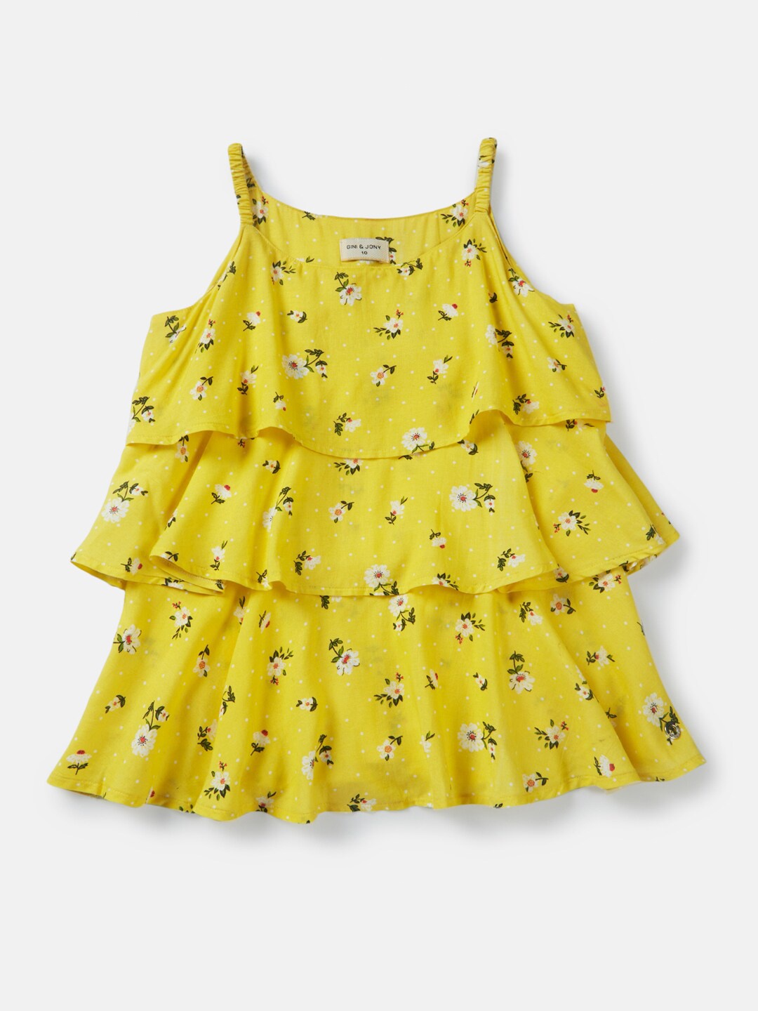 

Gini and Jony Girls Floral Printed Shoulder Strapped Cotton Tiered Top, Yellow